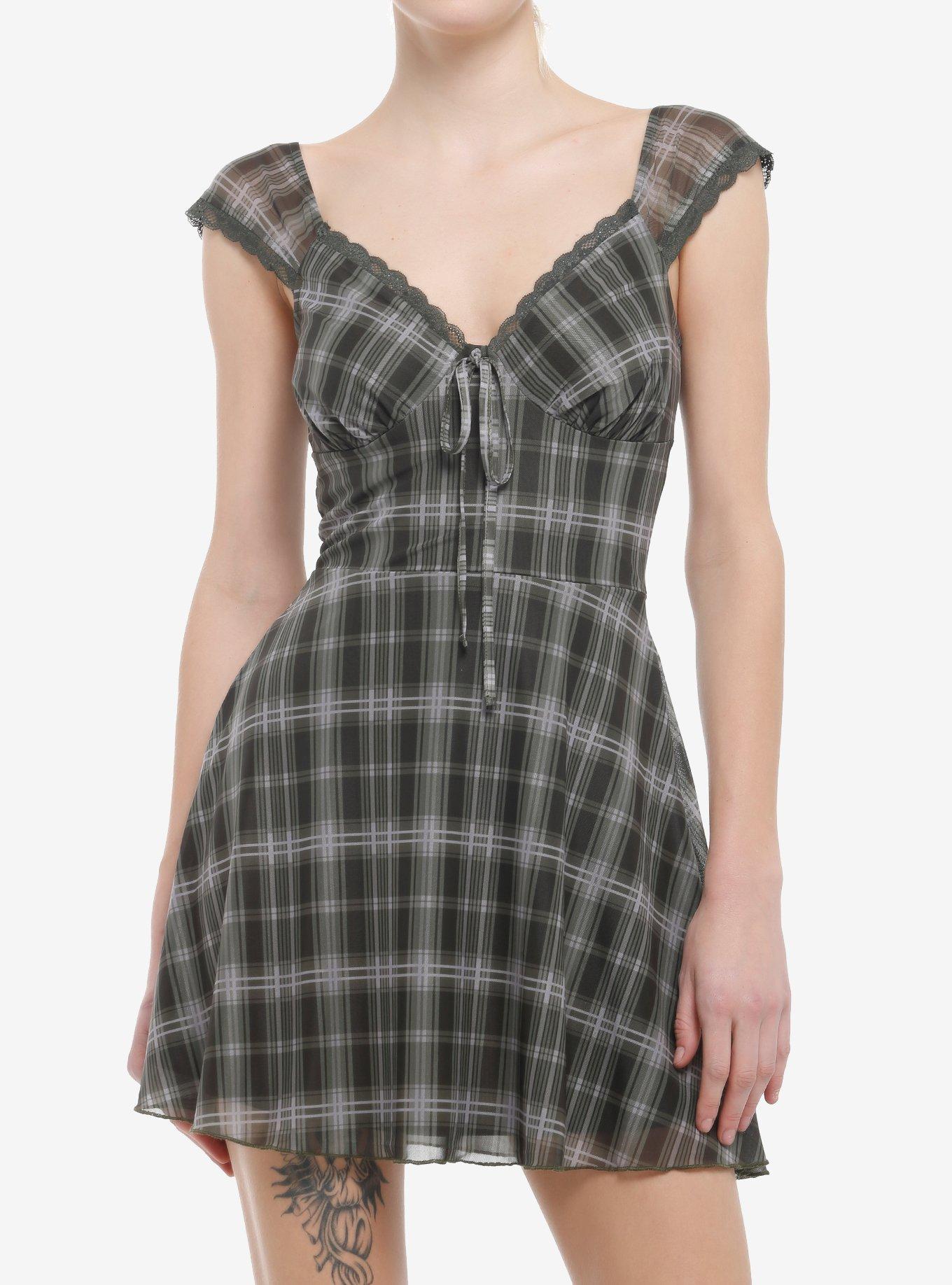 Light & Dark Green Plaid Cap Sleeve Mini Dress, , hi-res