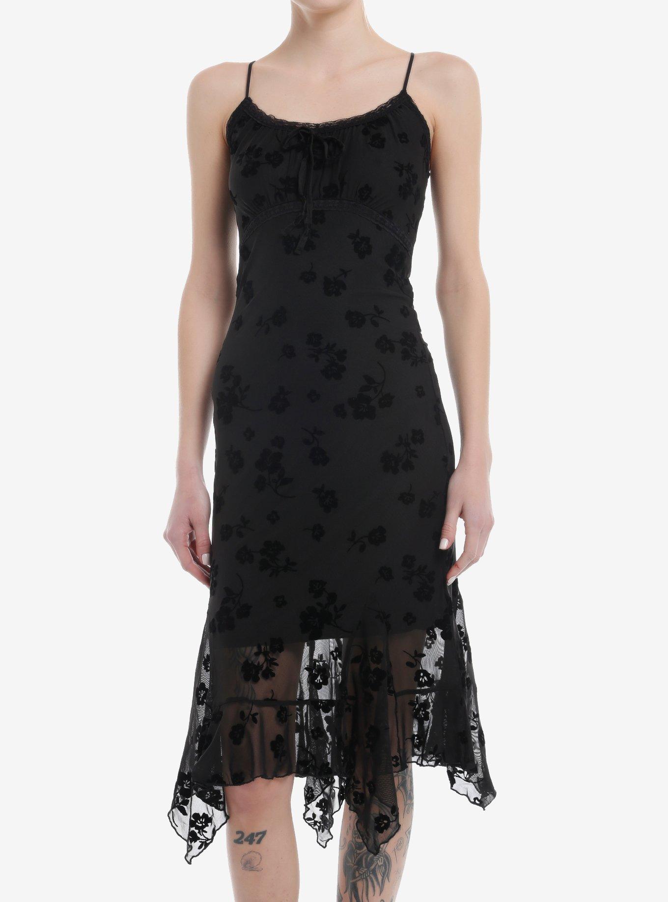 Black Floral Velvet & Mesh Cami Dress, , hi-res