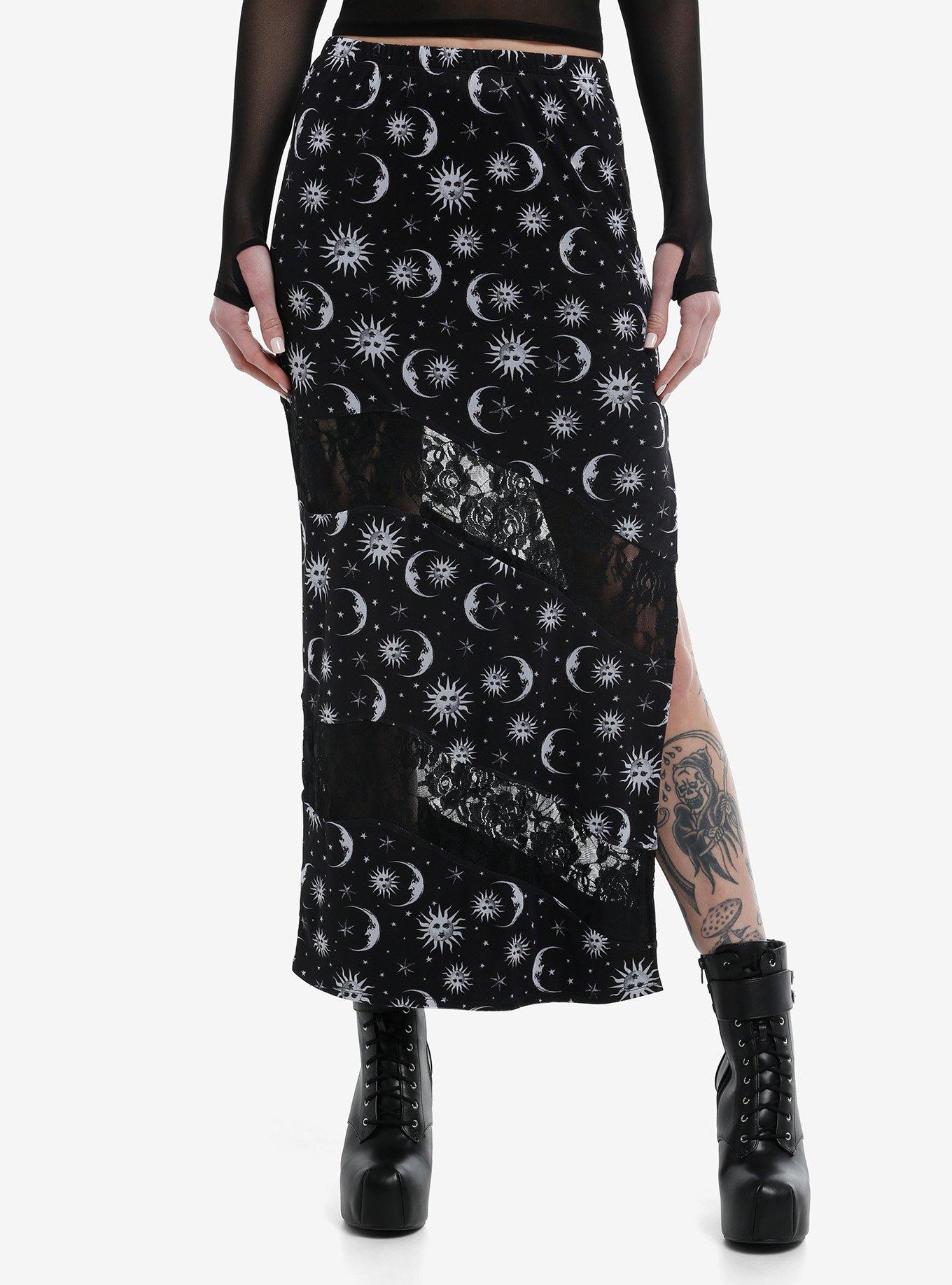 Cosmic Aura Black & White Celestial Lace Midi Skirt, , hi-res