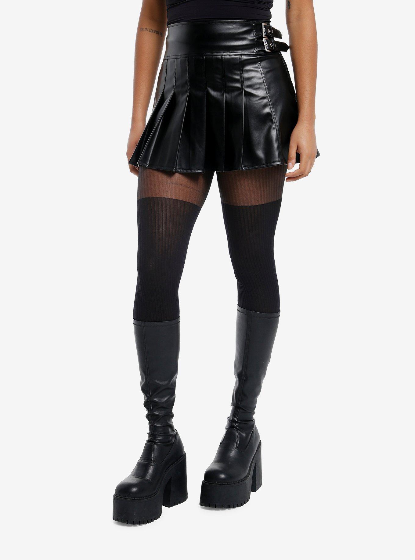 Black Faux Leather Pleated Mini Skirt, , hi-res