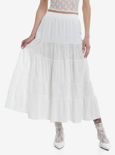 Golden Haze Floral Lace Tiered Maxi Skirt (Off White)