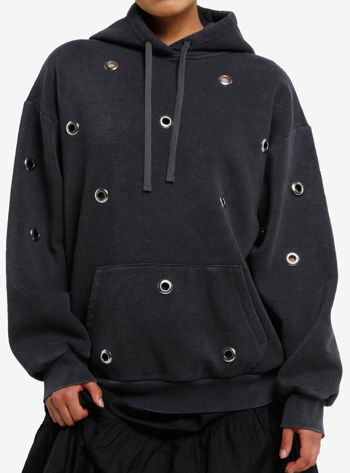 Black Washed Grommet Girls Hoodie, , hi-res