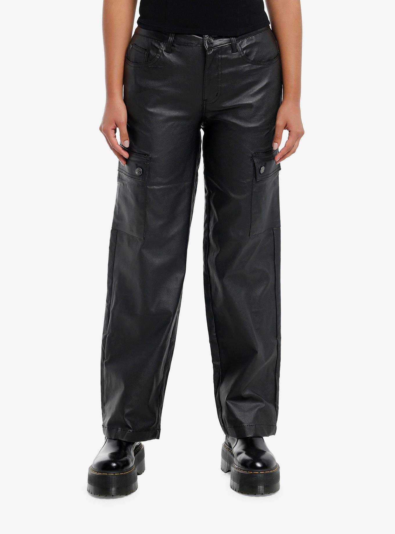 Black Faux Leather Cargo Pants, BLACK, hi-res