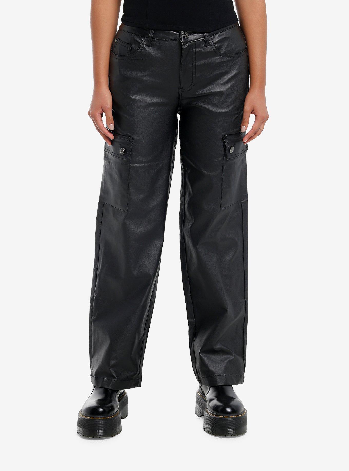 Black Faux Leather Cargo Pants, , hi-res