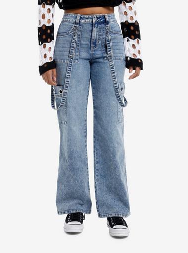 Light Wash Suspender Grommet Cargo Denim Pants | Hot Topic