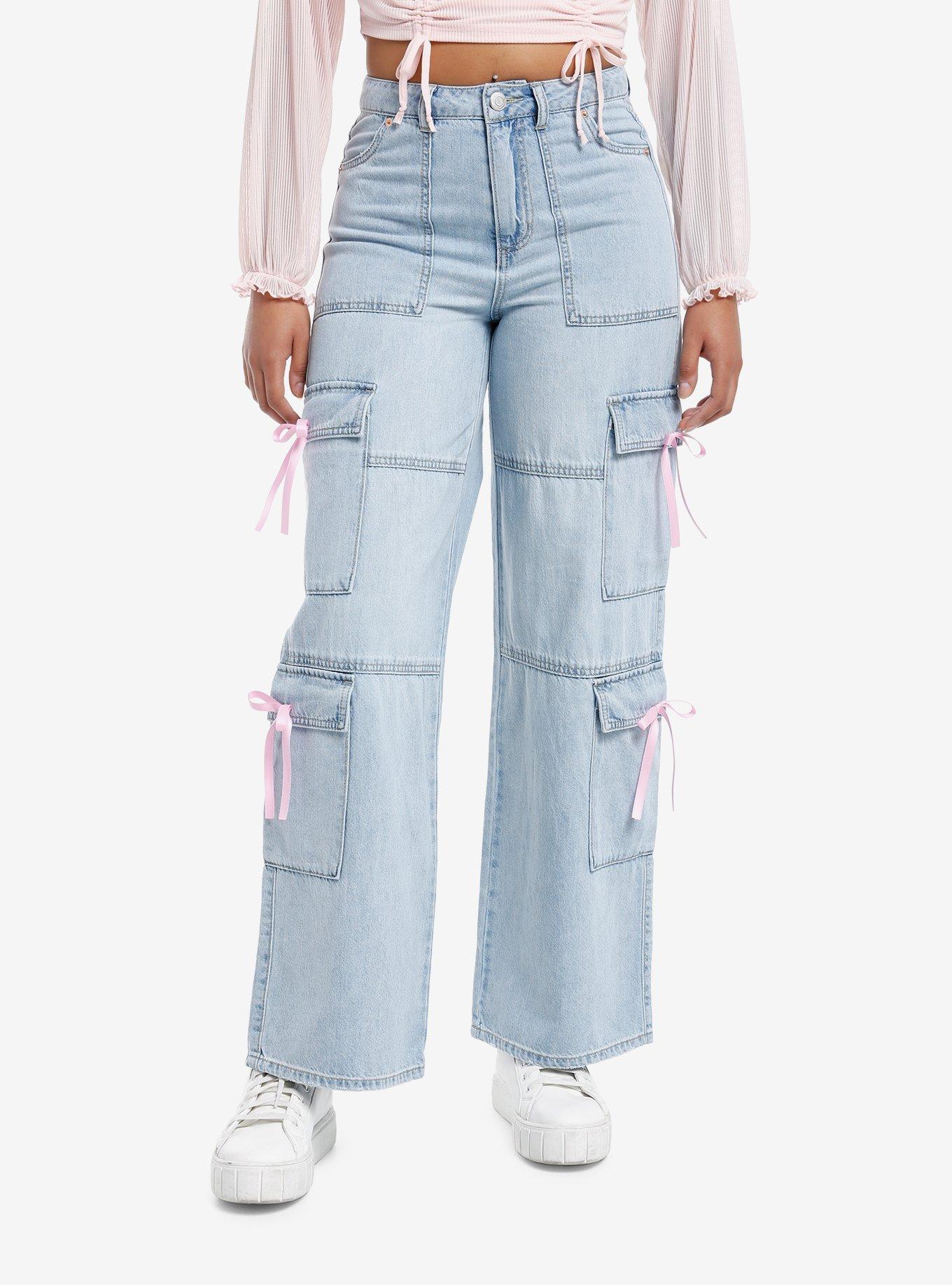 Light Indigo Pink Bow Cargo Denim Pants, , hi-res