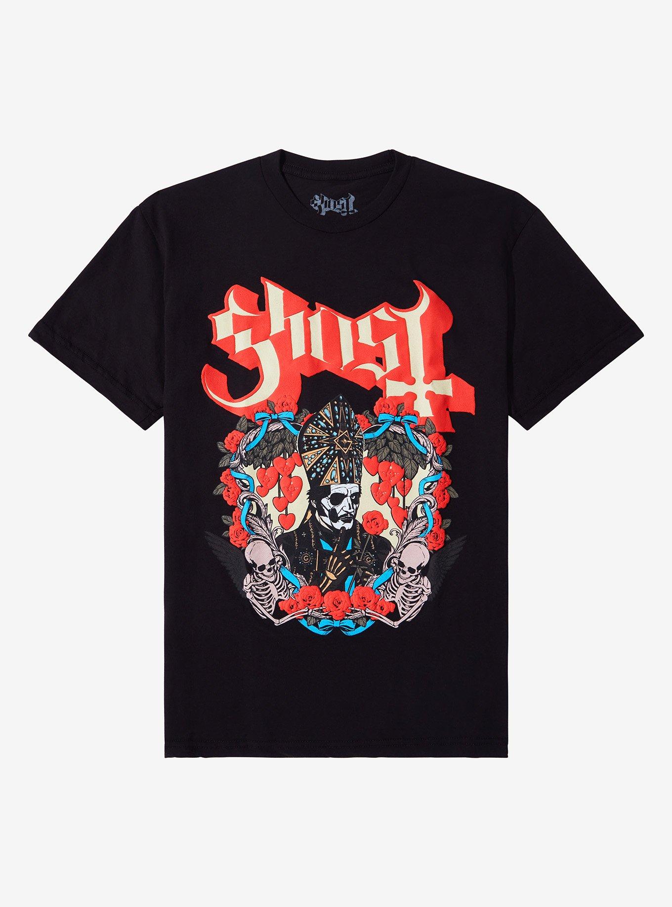 Ghost Hearts & Roses Puff Paint T-Shirt, BLACK, hi-res