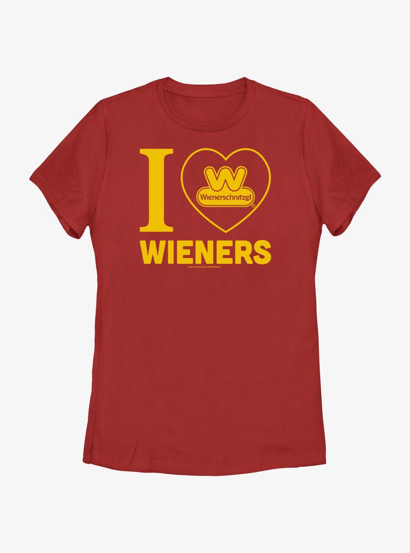 Wienerschnitzel I Love Hotdogs Womens T-Shirt, RED, hi-res