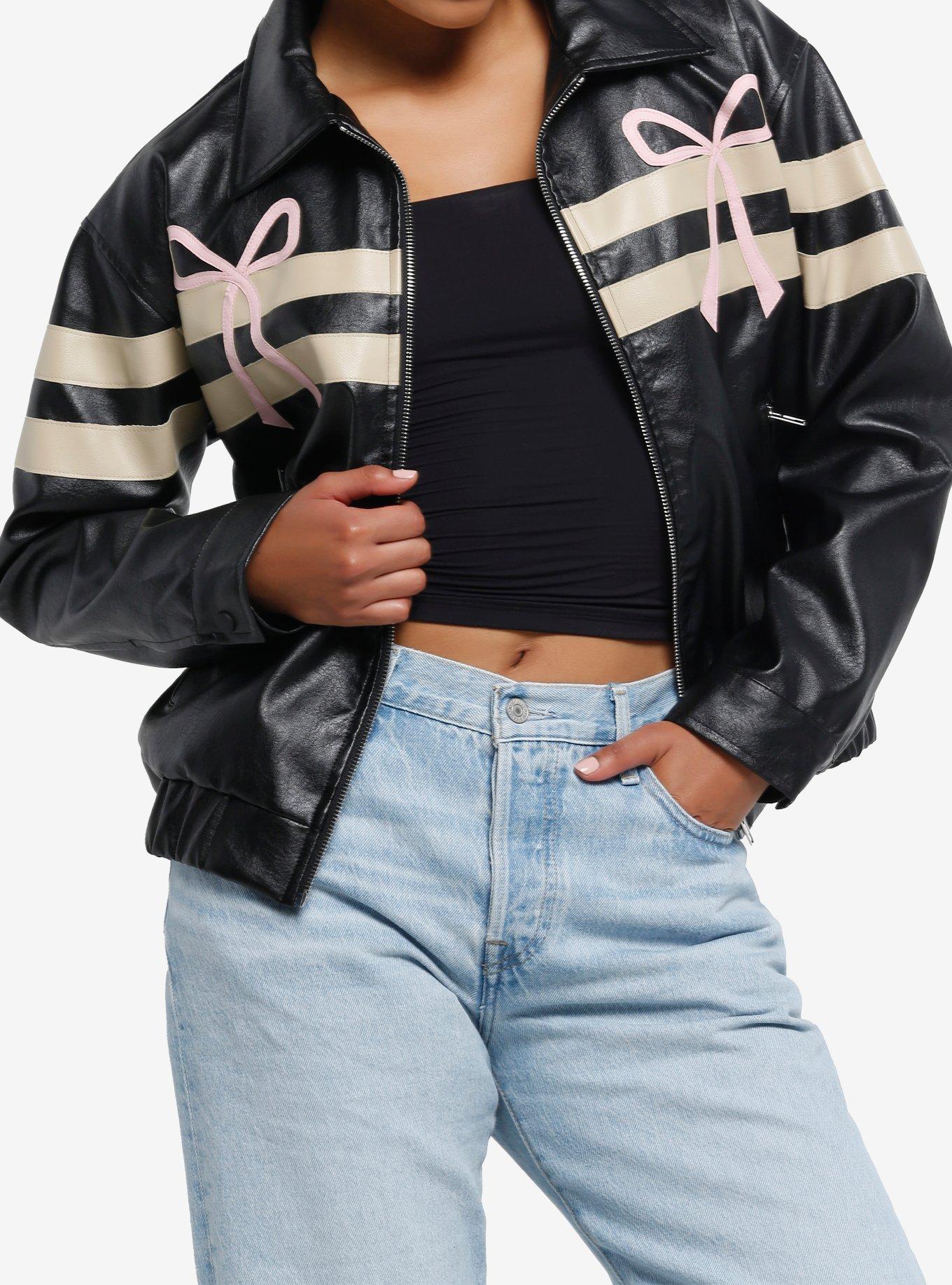 Black & Cream Stripe Bow Girls Faux Leather Jacket, , hi-res