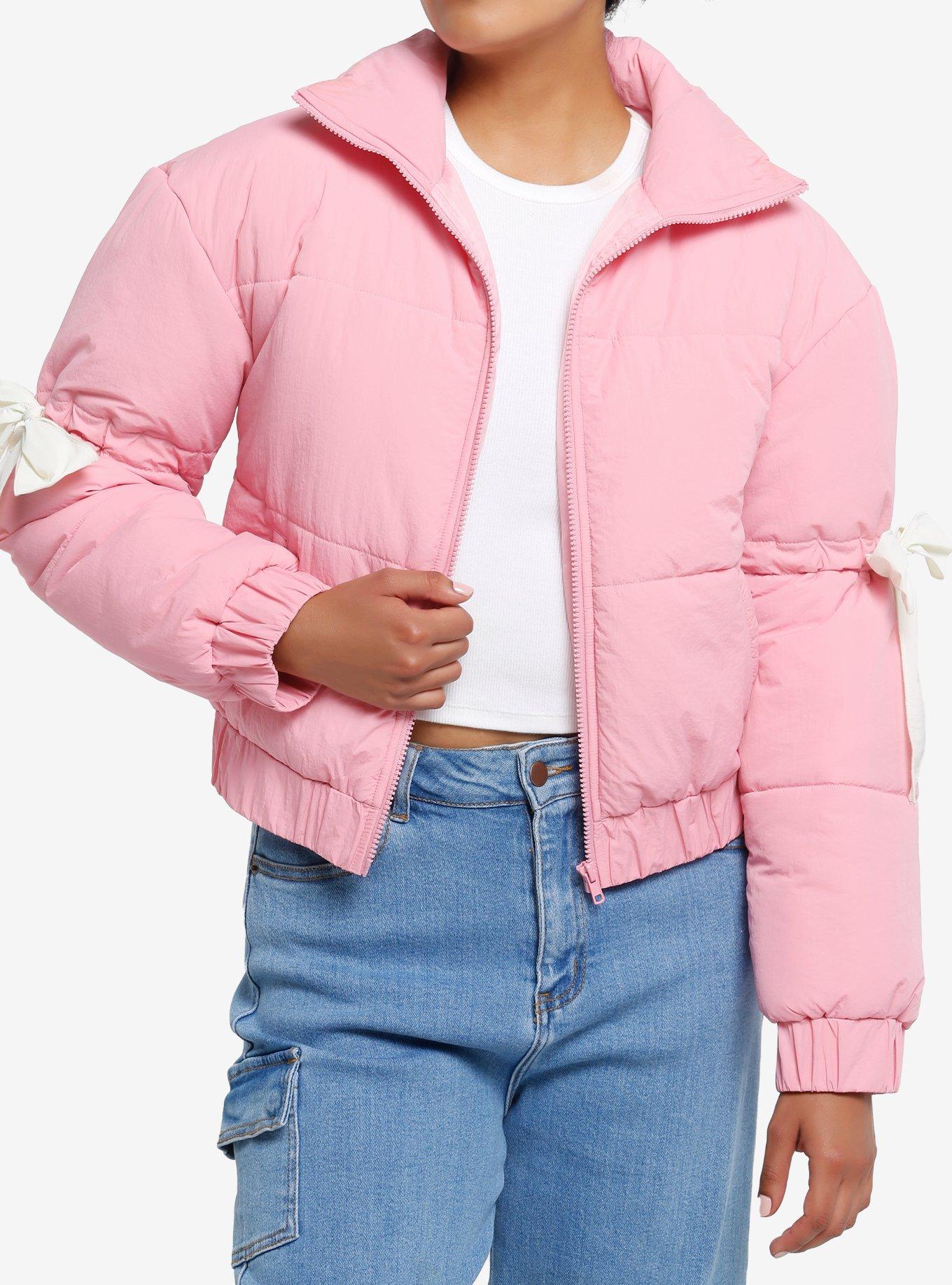 Bubblegum Pink White Bow Girls Puffer Jacket, , hi-res