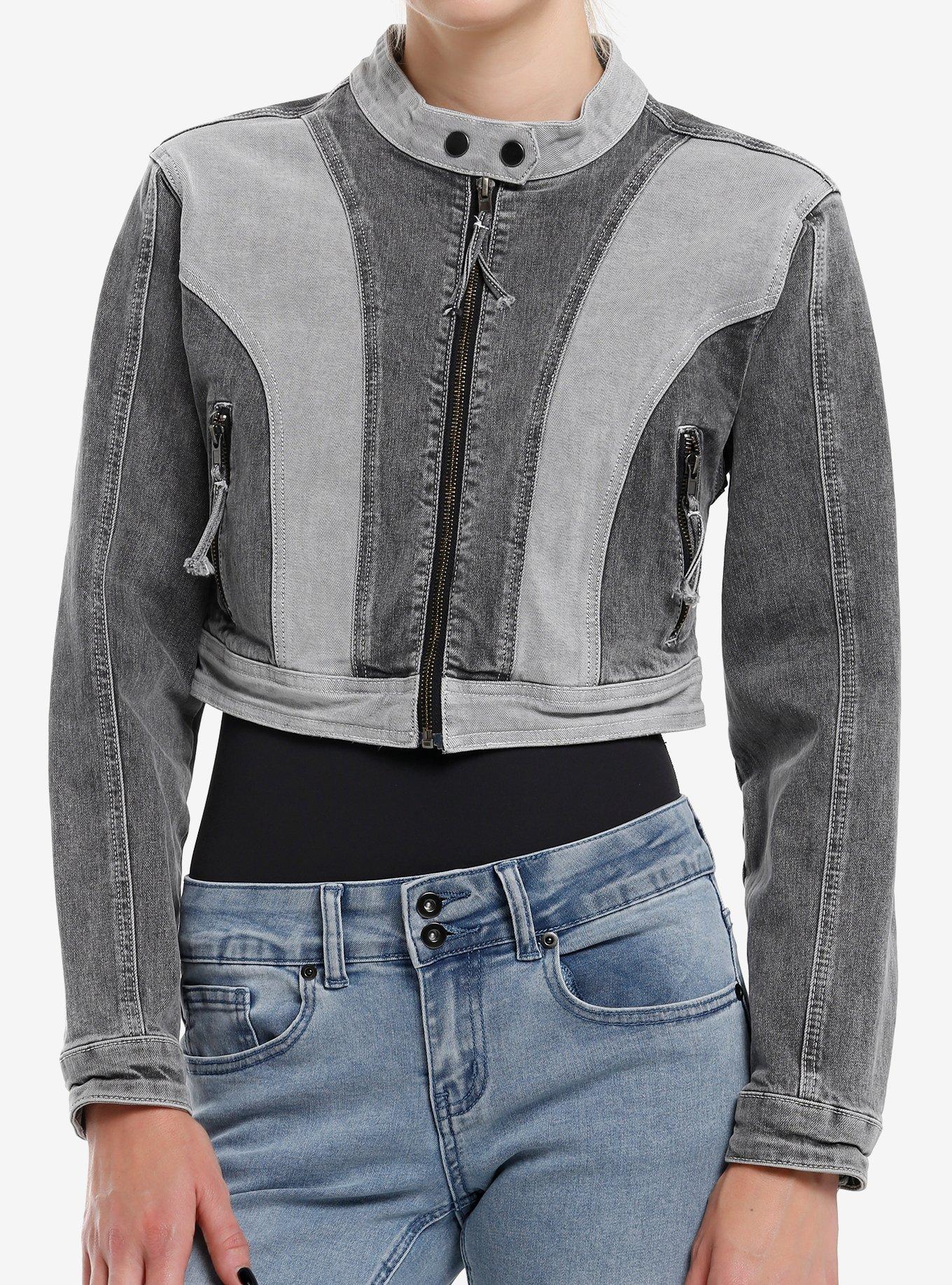 Grey Color-Block Denim Girls Crop Moto Jacket, , hi-res