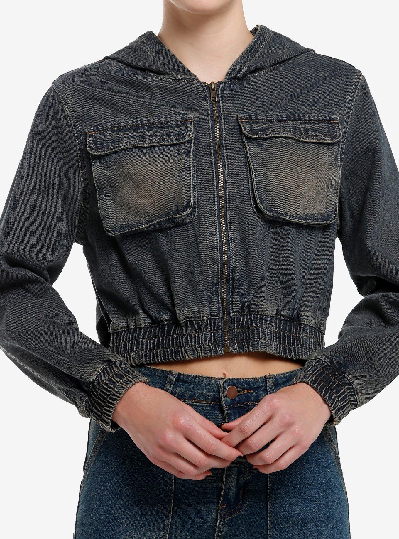 Dark Blue Vintage Wash Hooded Girls Crop Denim Jacket, , hi-res