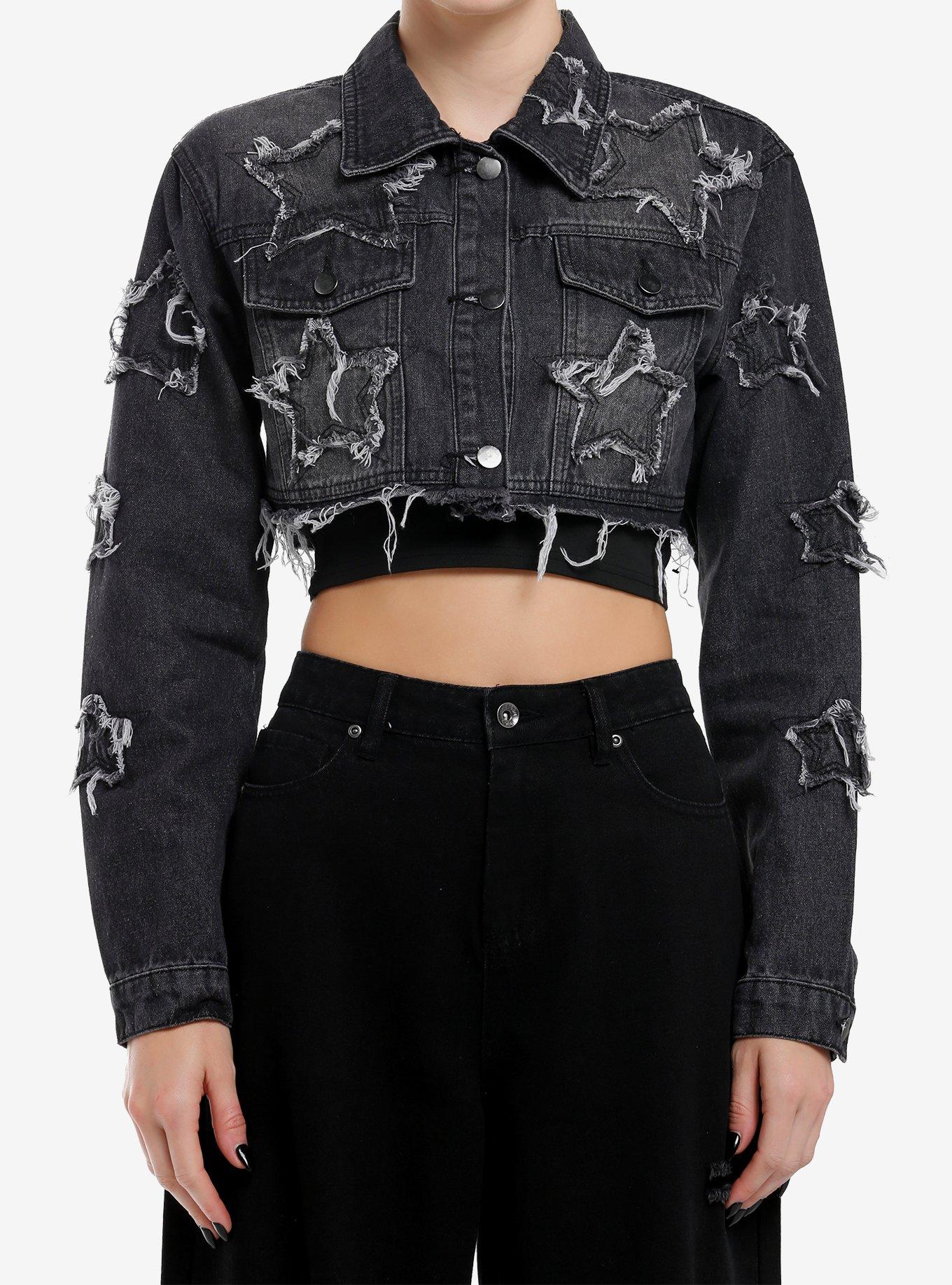 Black Wash Star Patch Extreme Girls Crop Denim Jacket, , hi-res