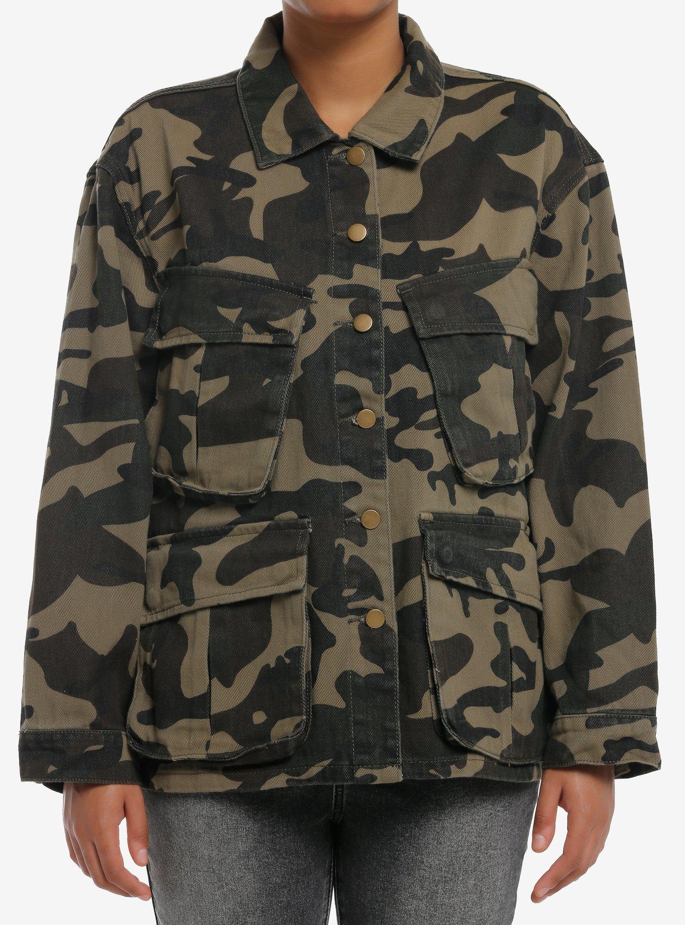 Green Camo Cargo Pocket Girls Denim Jacket, , hi-res