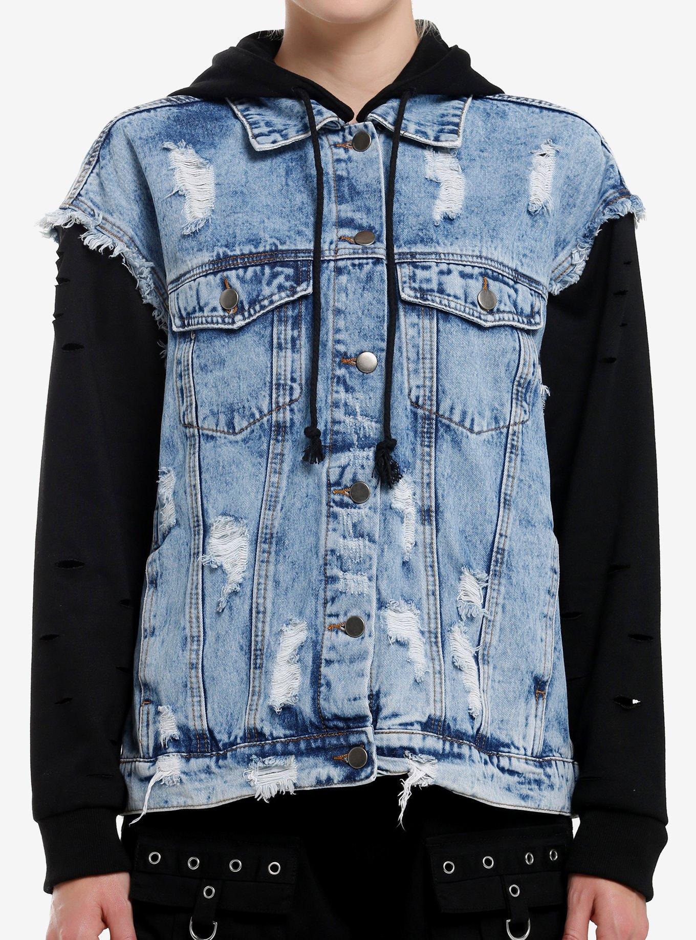 Light Indigo & Black Destructed Girls Twofer Jacket, , hi-res