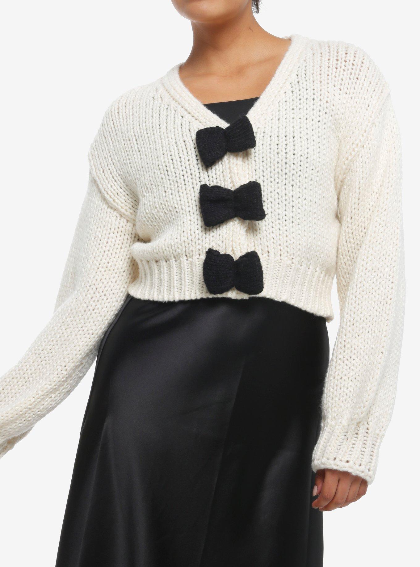 Cream & Black Bow Girls Crop Cardigan, , hi-res