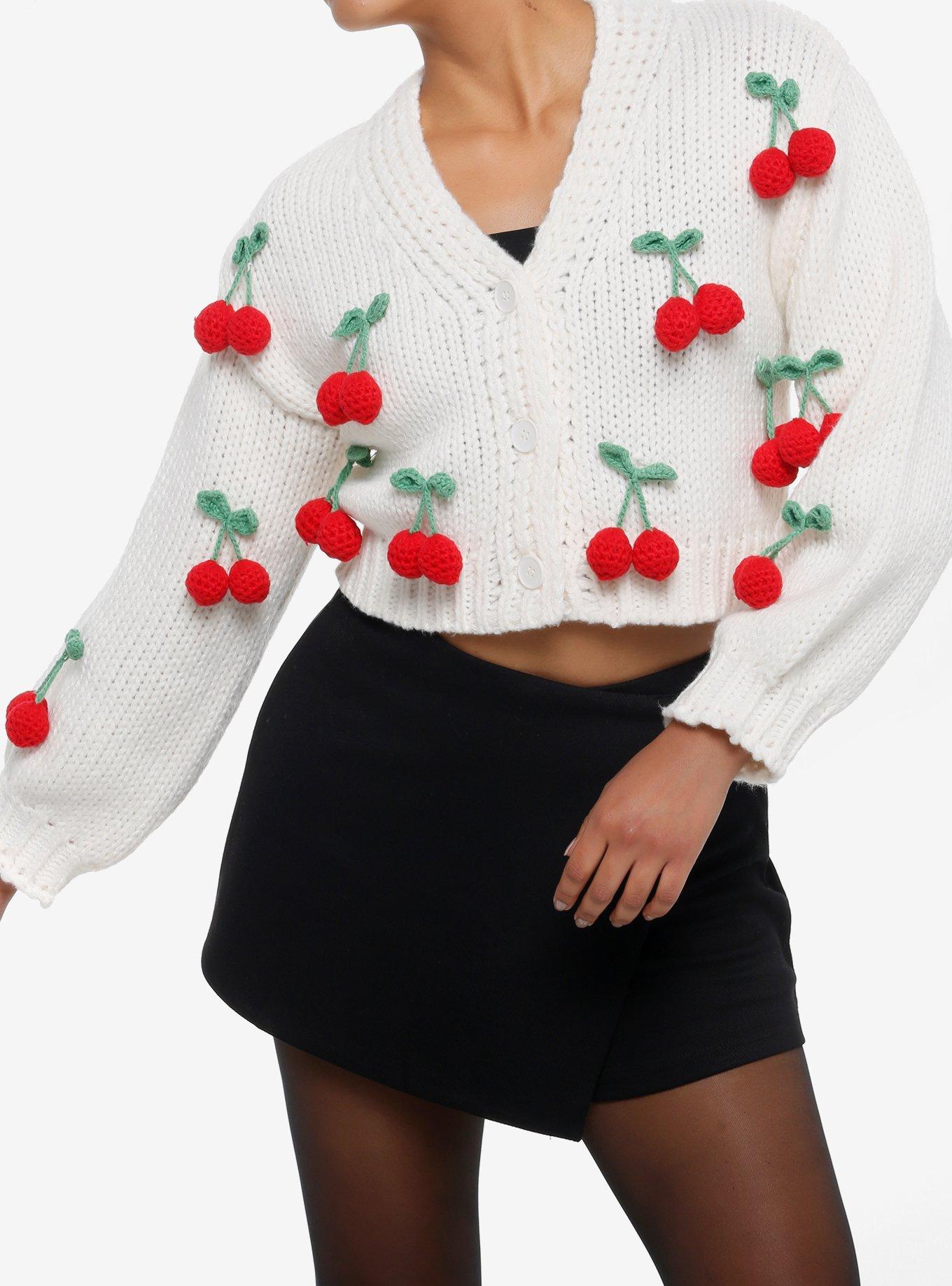 Cherries Knit Cream Girls Crop Cardigan, , hi-res