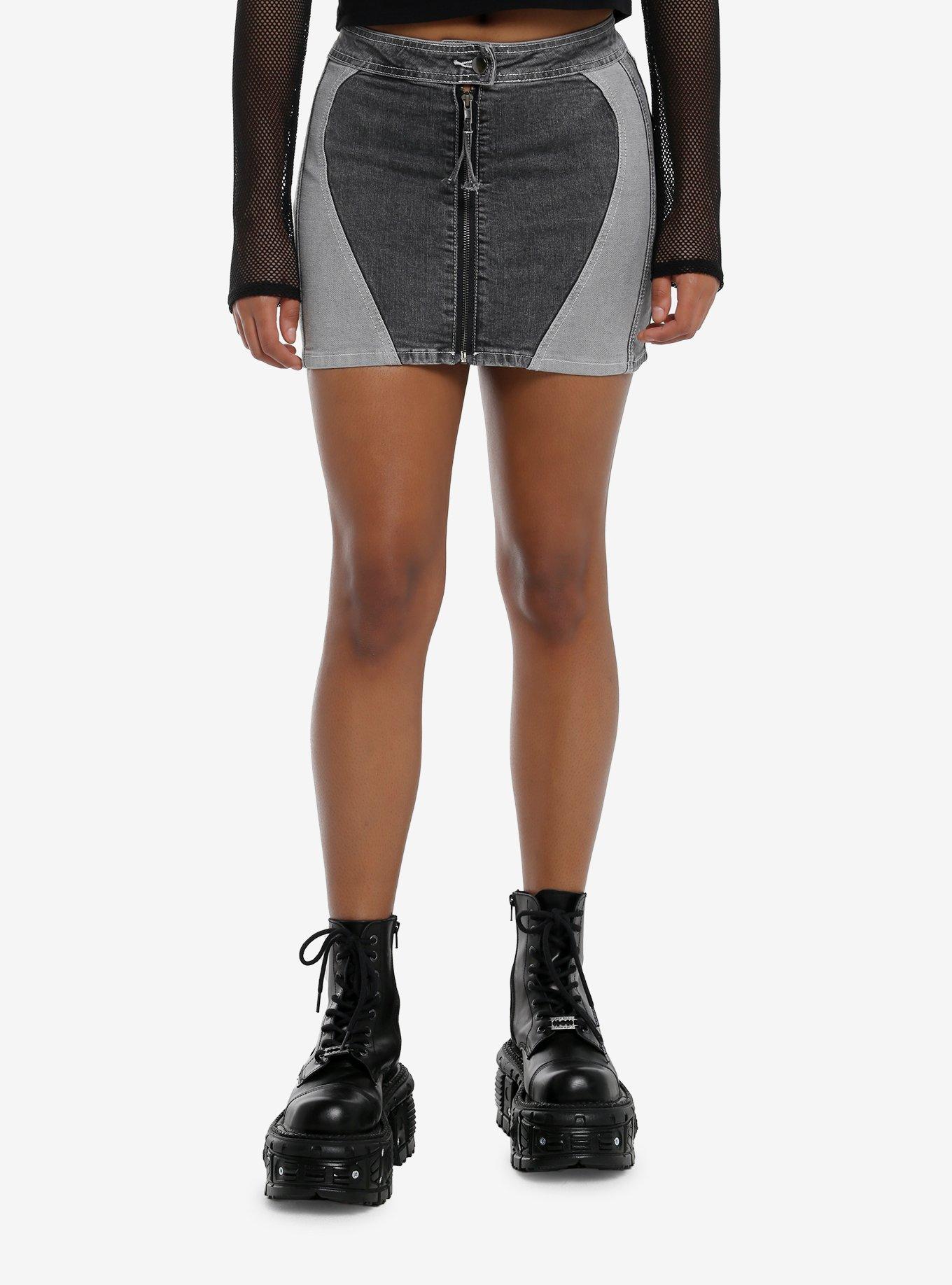 Grey Color-Block Zipper Font Denim Mini Skirt, , hi-res