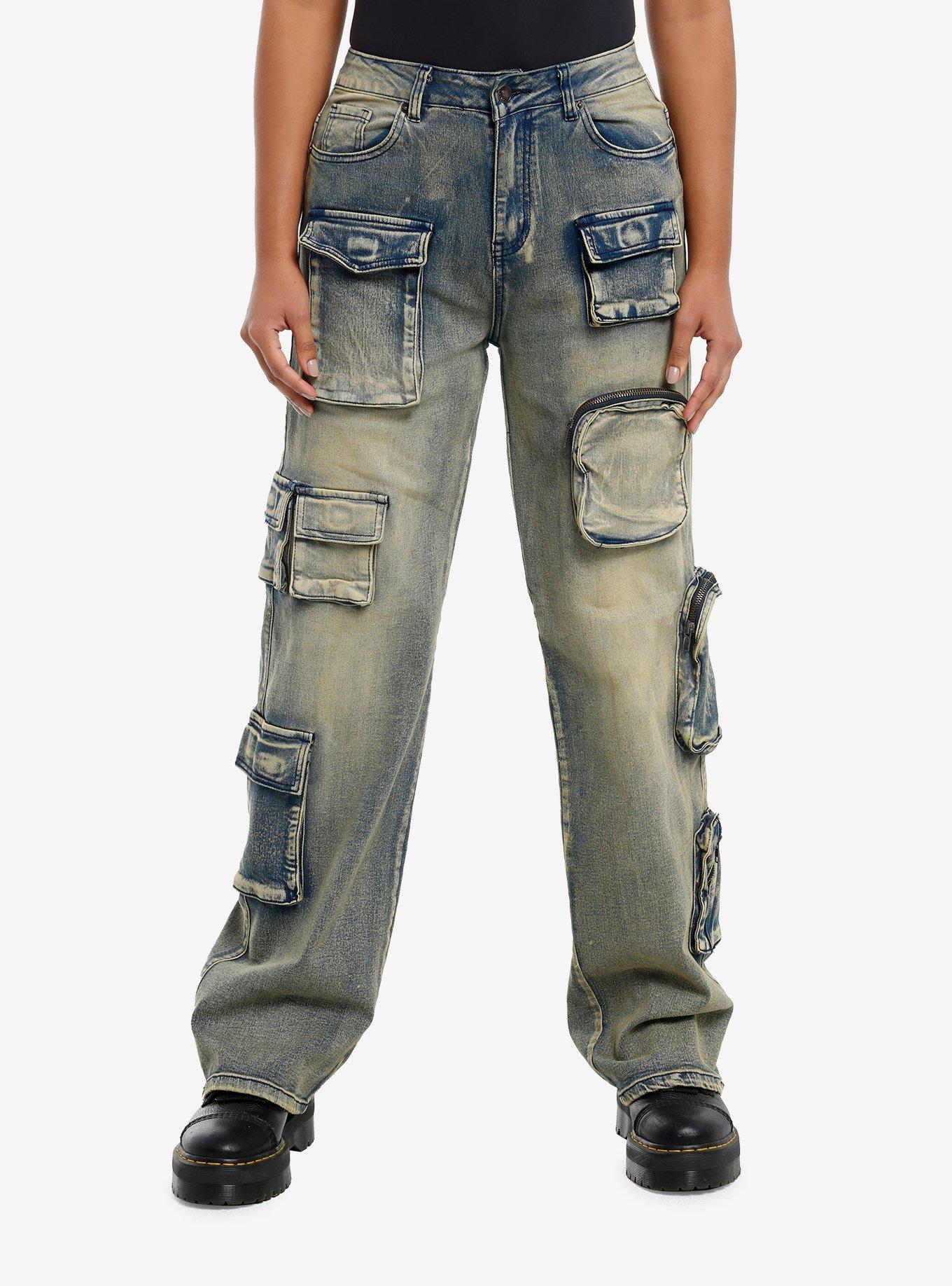 Vintage Wash Cargo Pocket Wide Leg Denim Pants, , hi-res