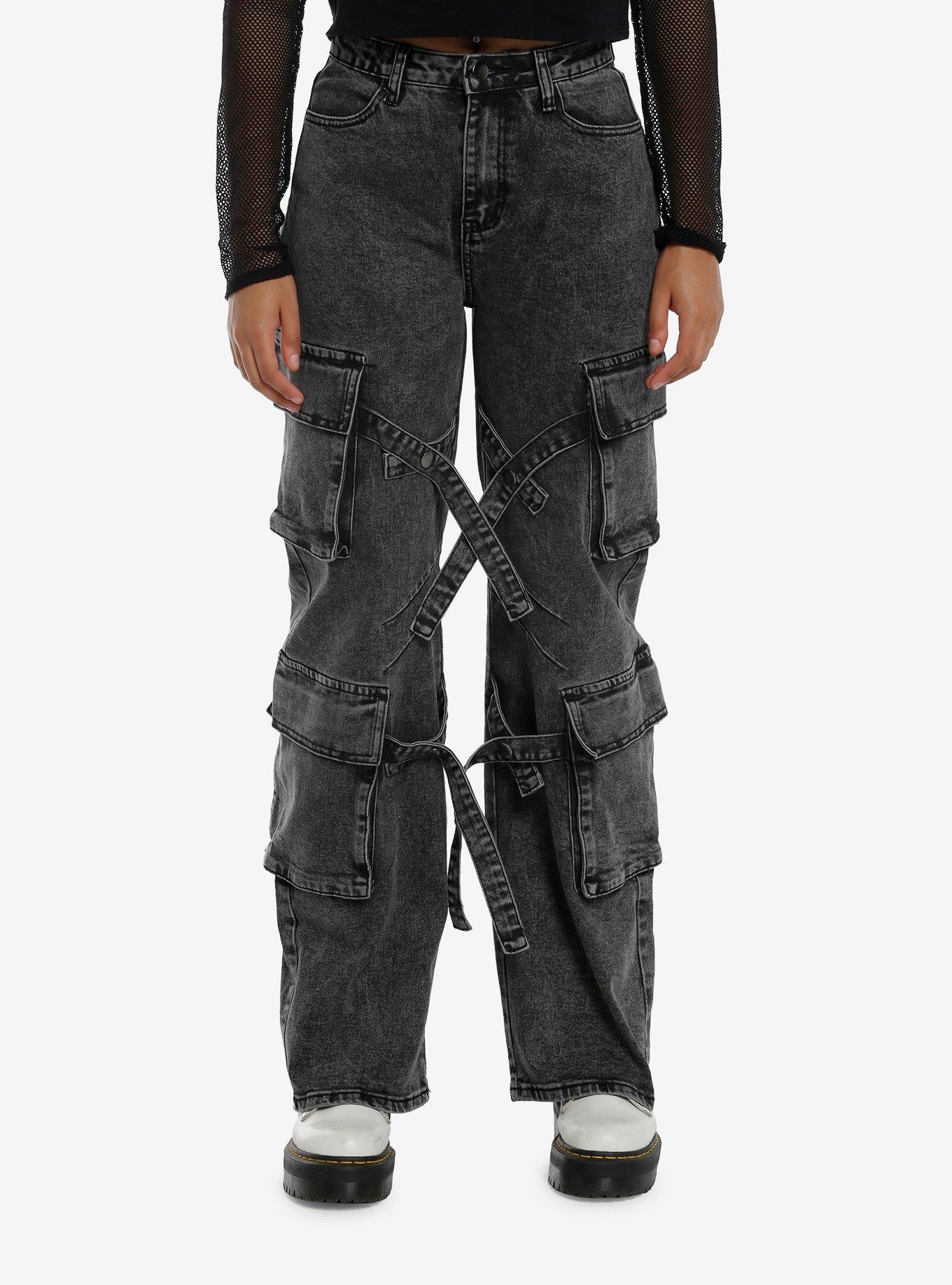 Black Acid Wash Strappy Cargo Denim Pants, , hi-res