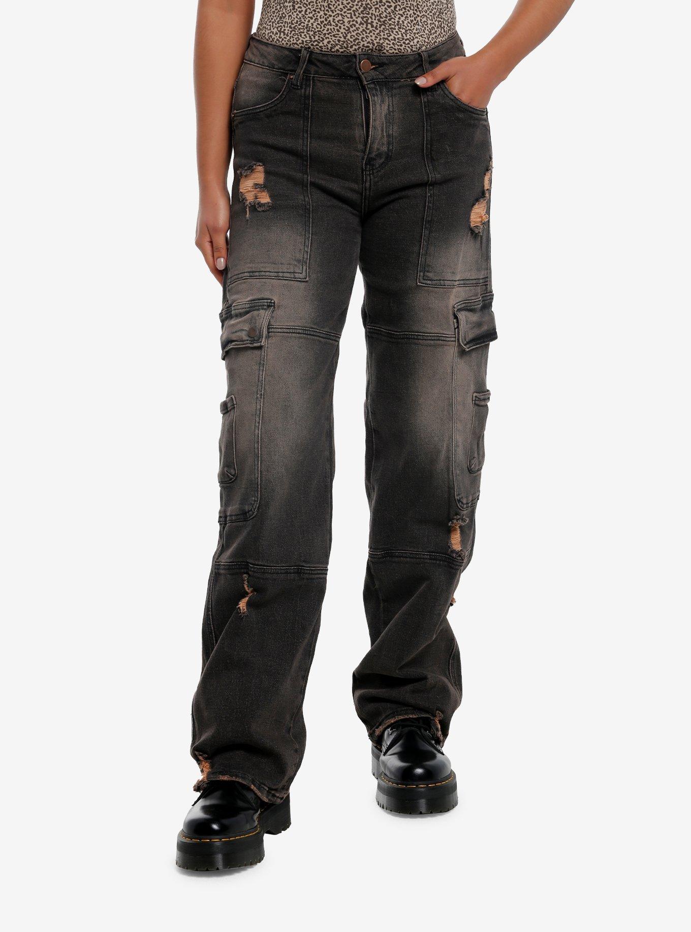 Black Vintage Wash Cargo Destructed Denim Pants, , hi-res