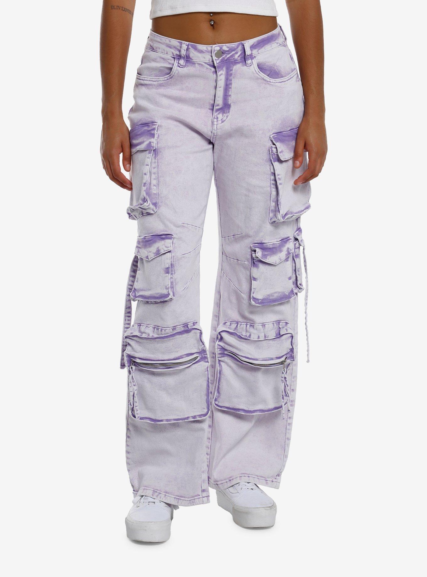 Lavender Acid Wash Multi-Pocket Cargo Pants, , hi-res