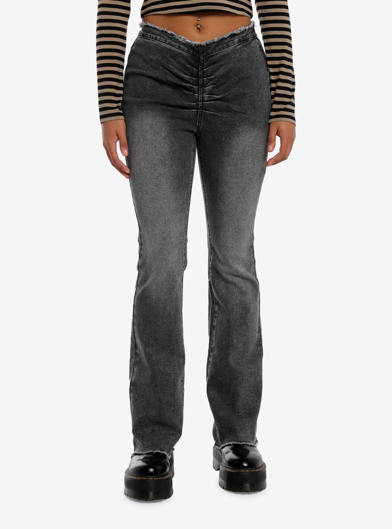 Black Wash Ruched V-Cute Flare Jeans, , hi-res