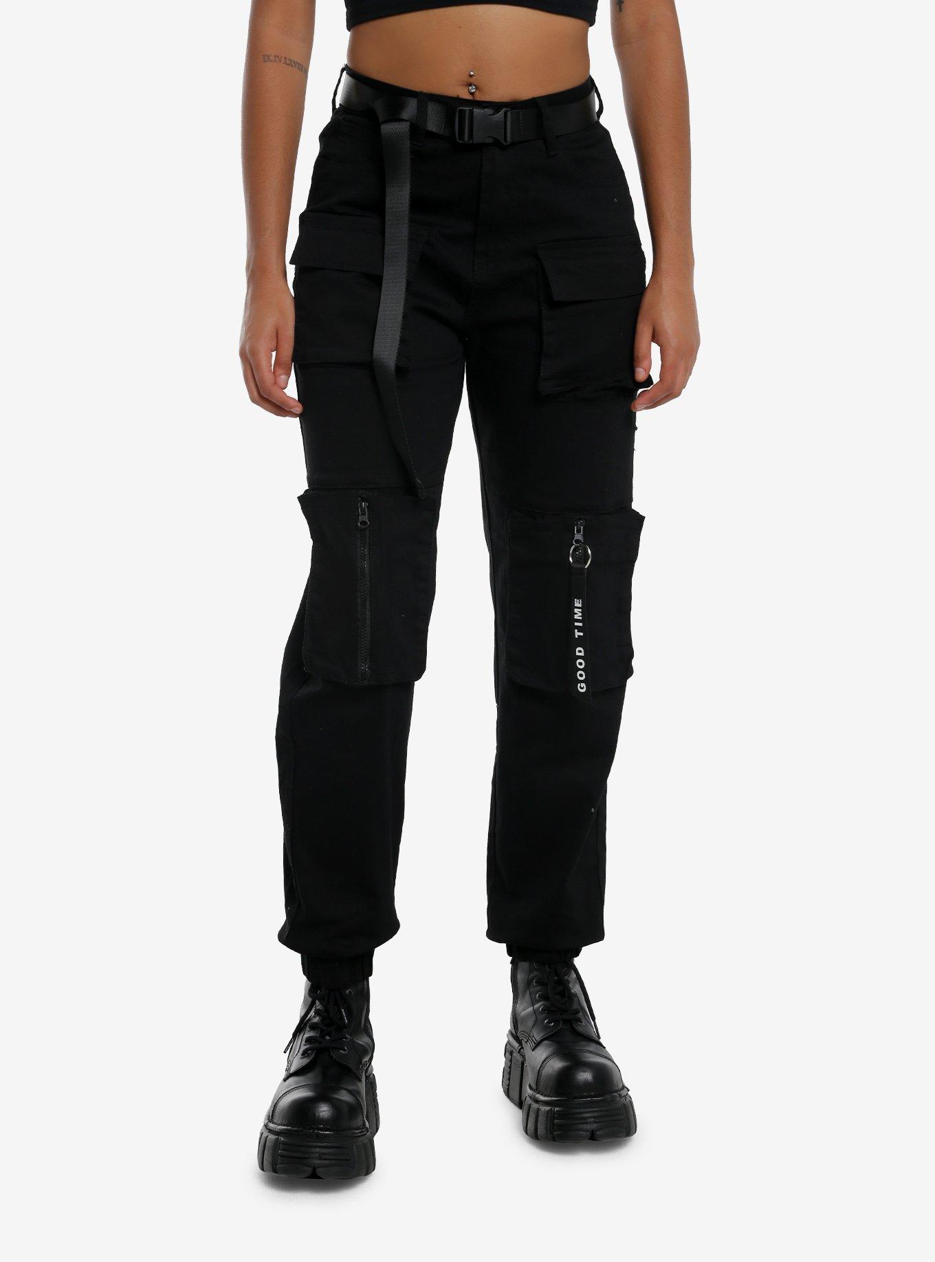 Black Cargo Pocket Utility Jogger Pants With Belt, , hi-res