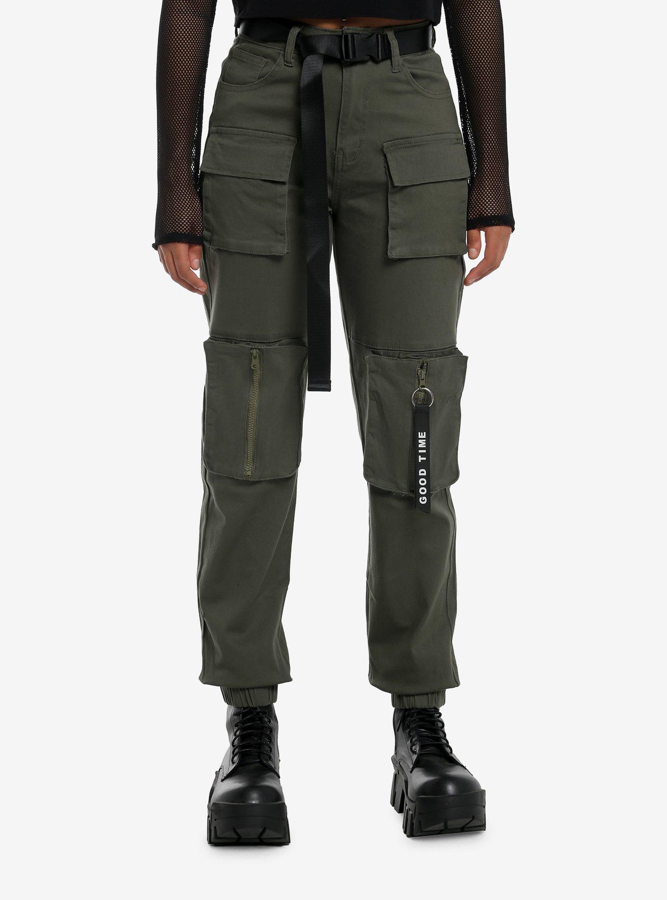 Olive Cargo Pocket Utility Jogger Pants With Belt, , hi-res