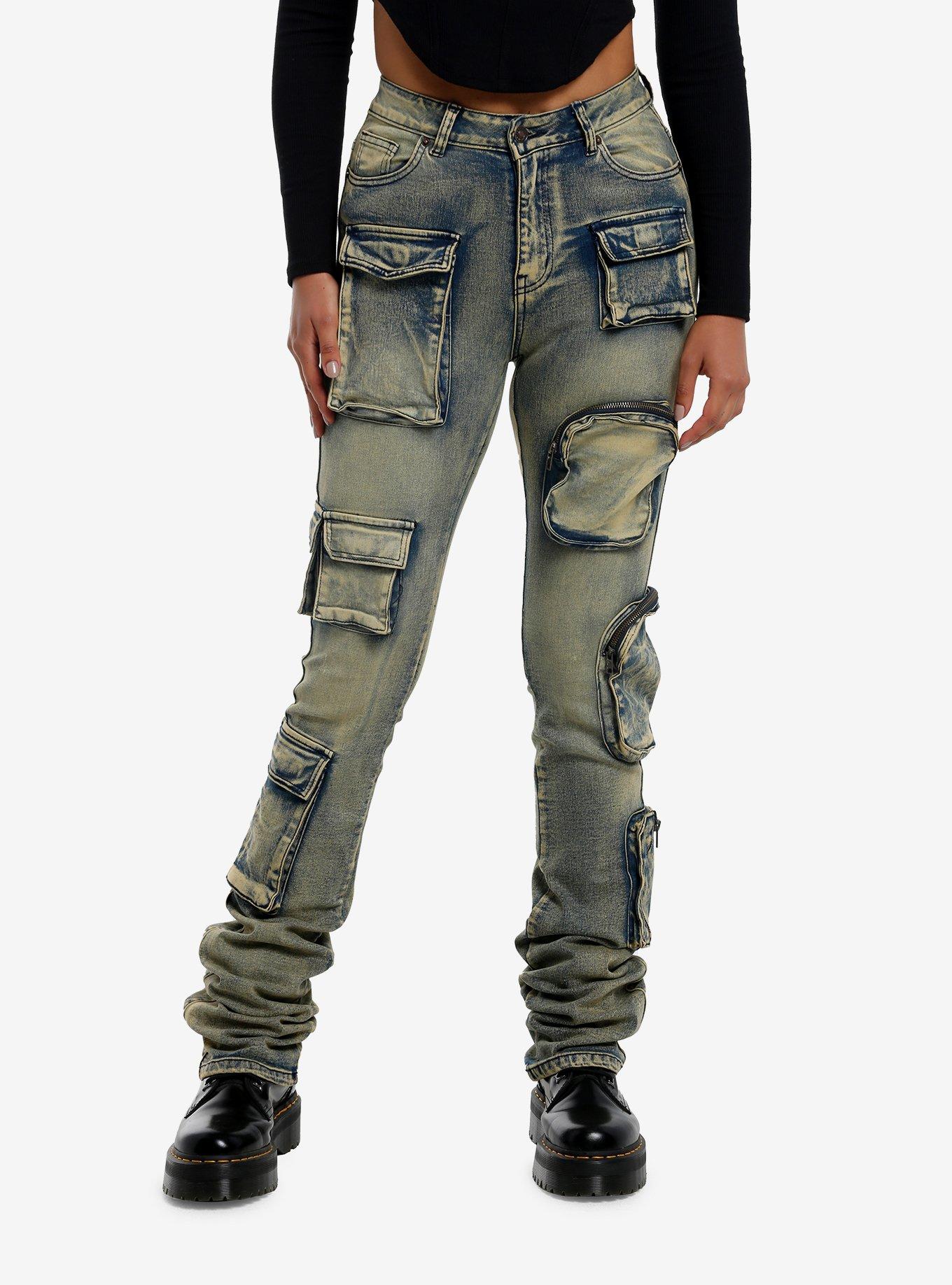 Vintage Wash Cargo Stacked Denim Pants, , hi-res