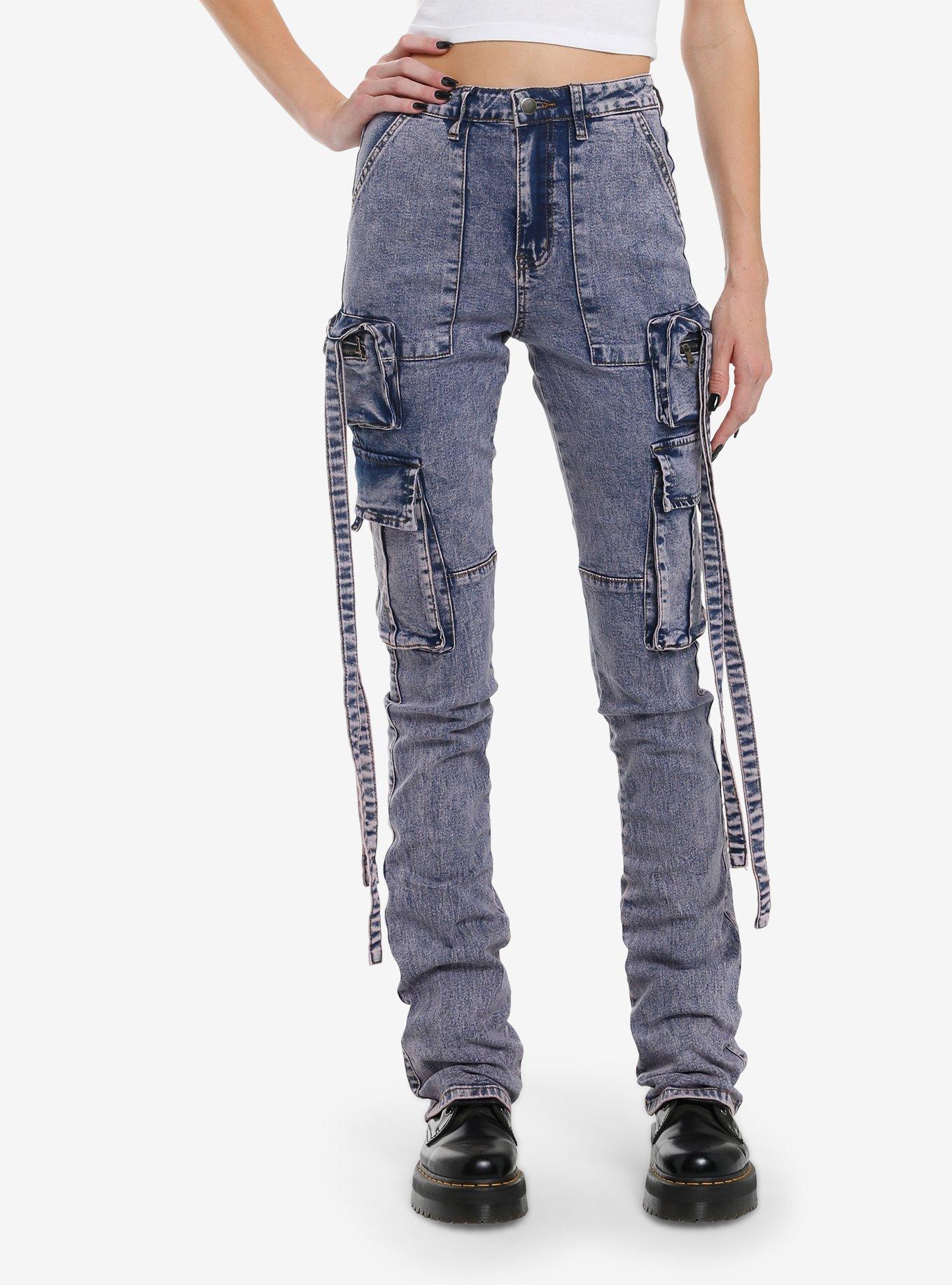 Purple Acid Wash Cargo Straight Leg Jeans, , hi-res