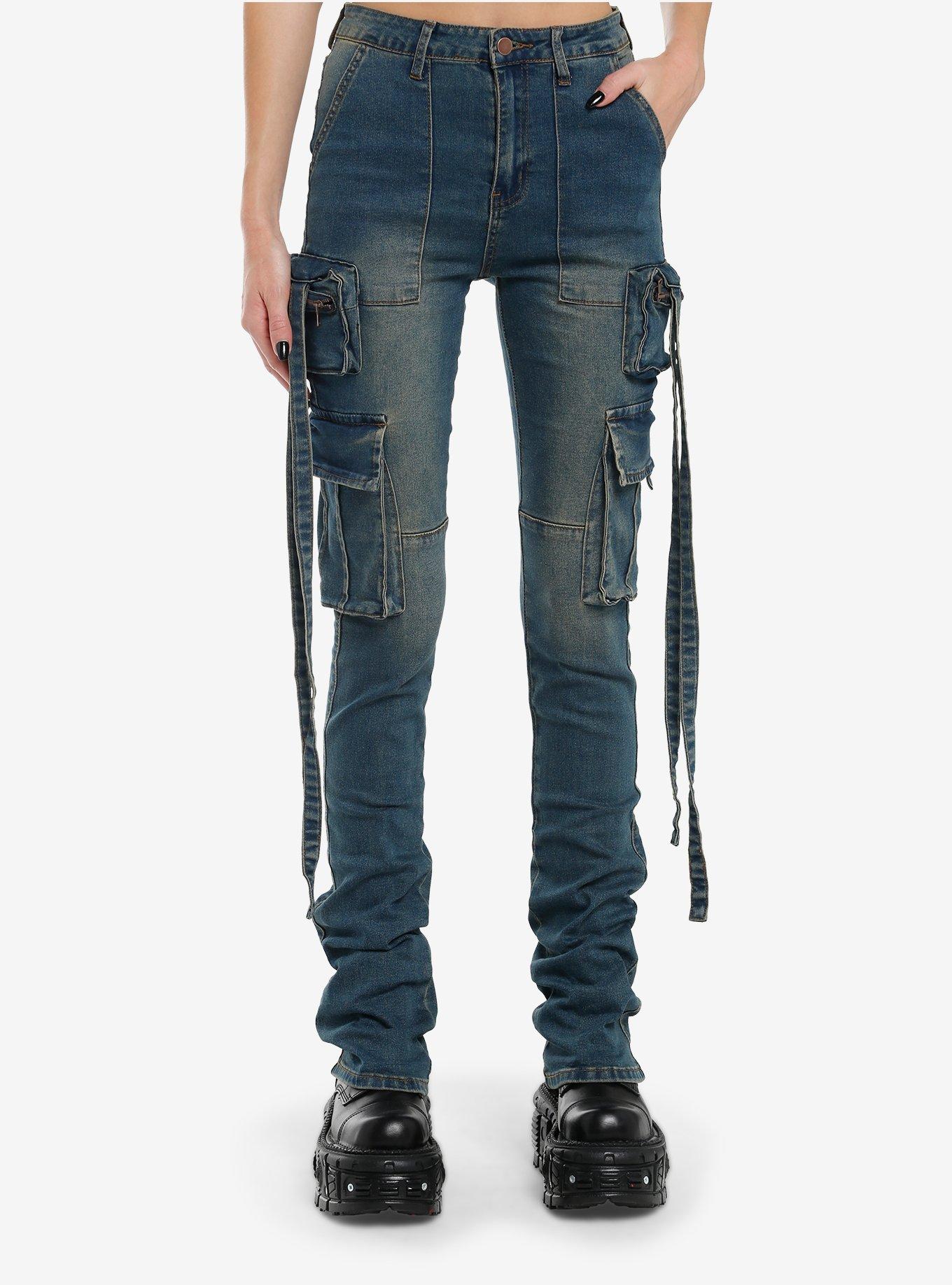 Dark Indigo Vintage Wash Cargo Stacked Jeans, BLUE, hi-res