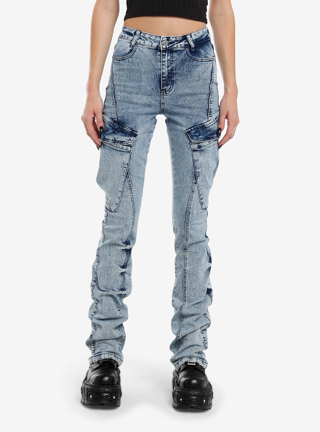 Light Indigo Acid Wash Cargo Stacked Denim Pants, , hi-res