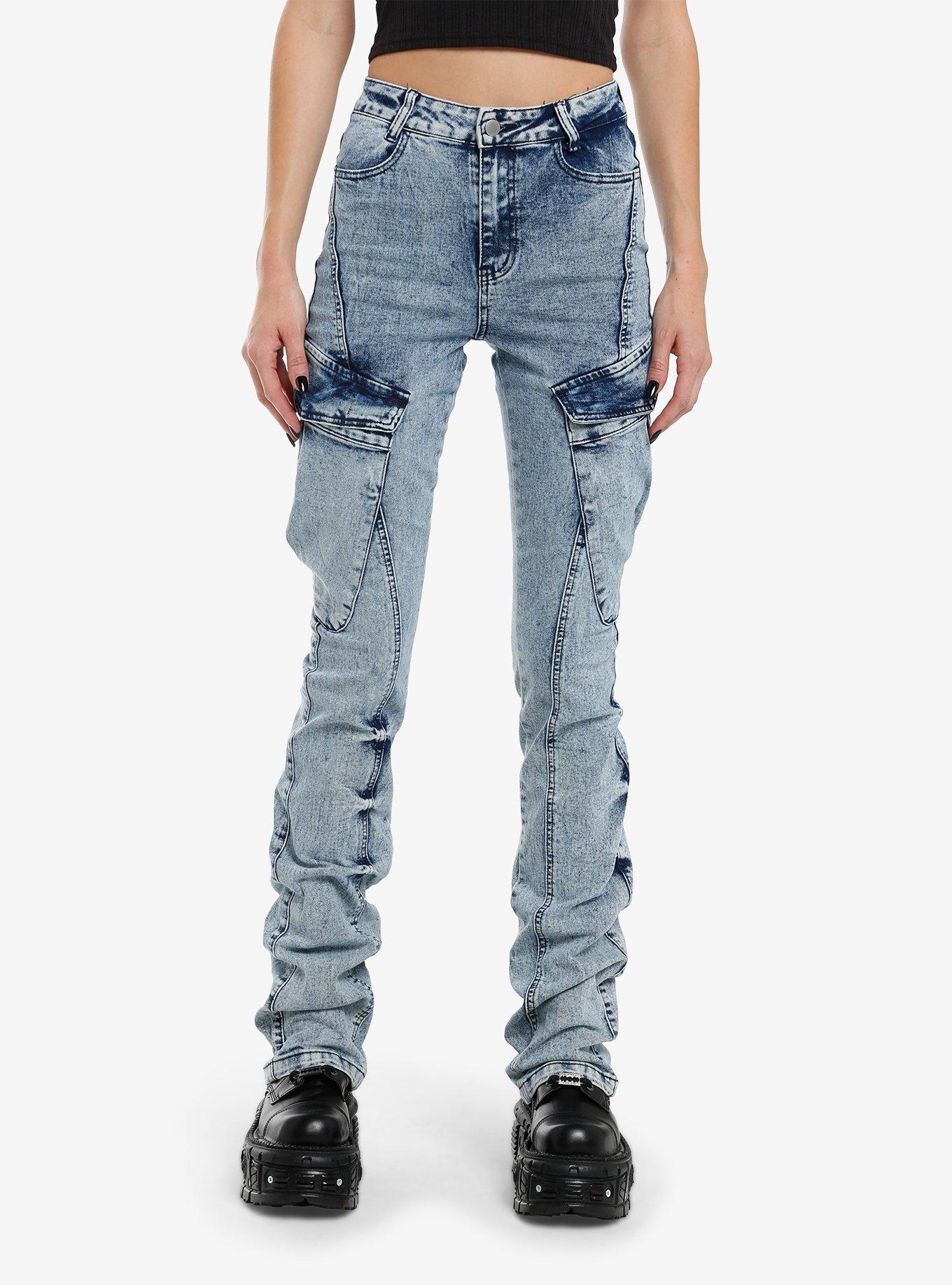 Light Indigo Acid Wash Cargo Stacked Denim Pants, BLUE, hi-res