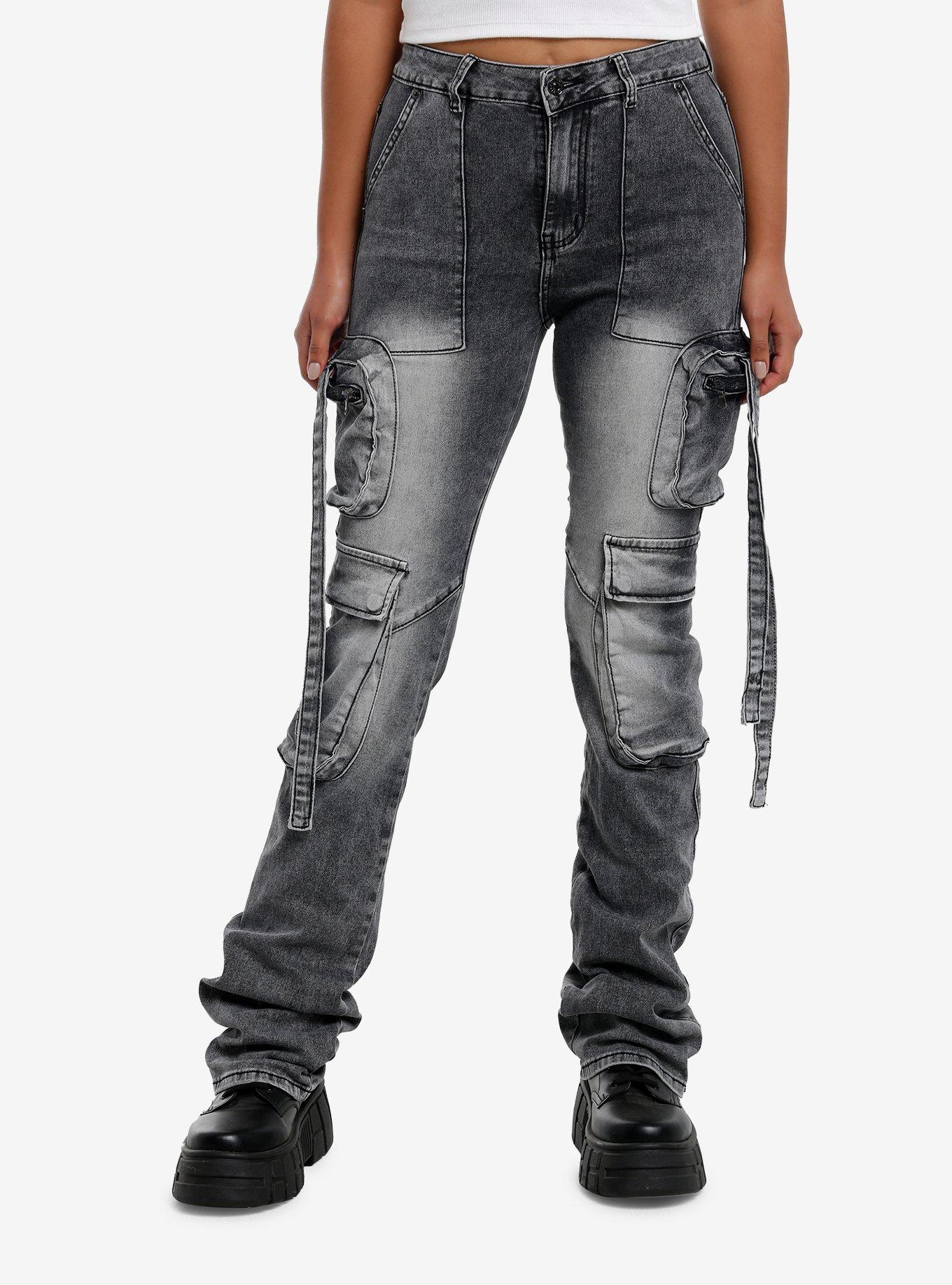 Grey Wash Cargo Stacked Denim Pants, , hi-res