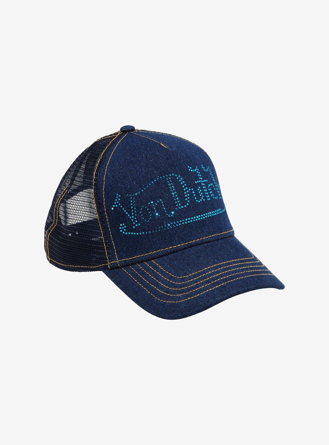 Von Dutch Rhinestone Logo Blue Denim Trucker Hat, , hi-res
