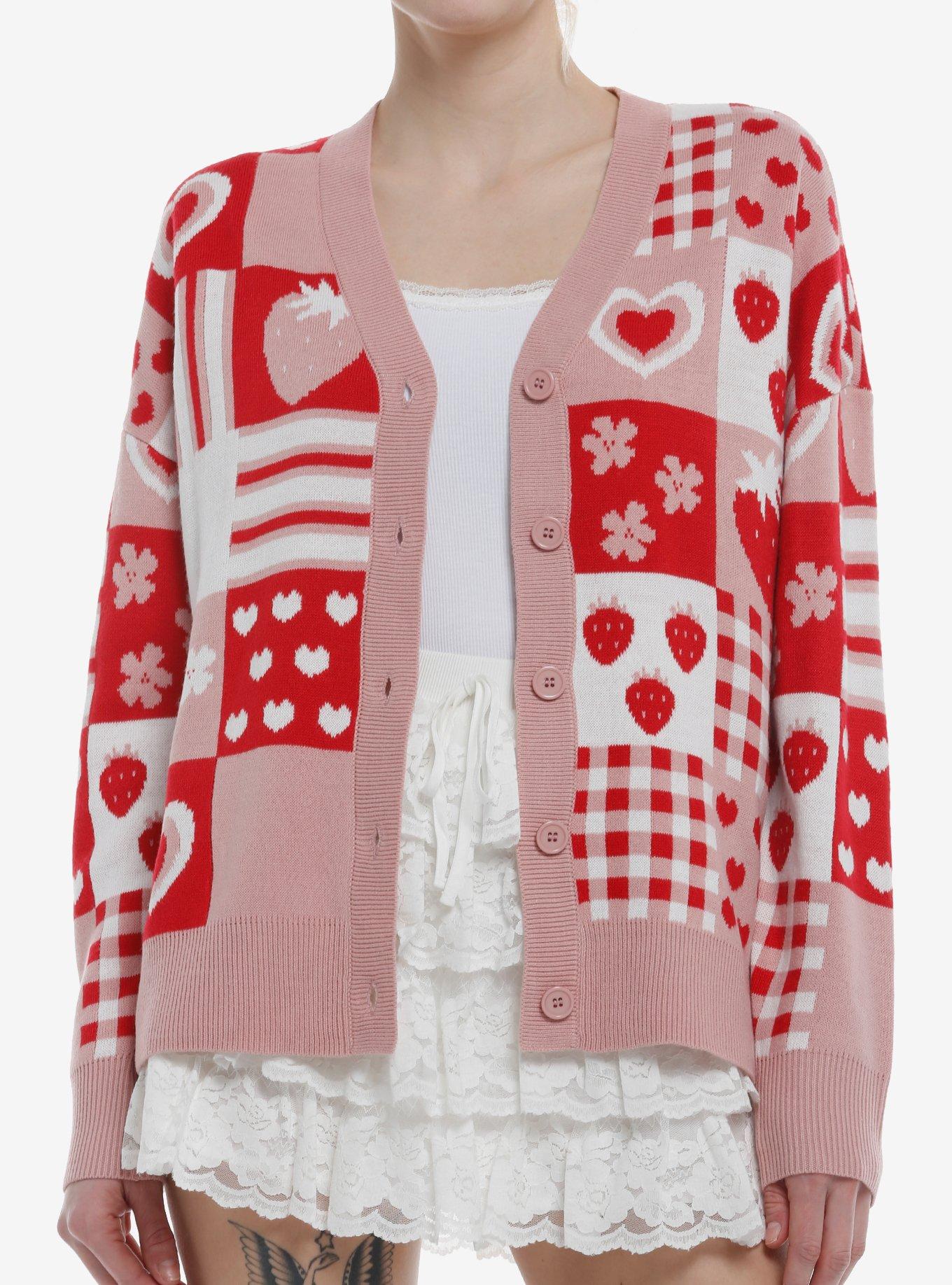 Sweet Society Strawberries Pink & Red Patchwork Girls Cardigan, , hi-res