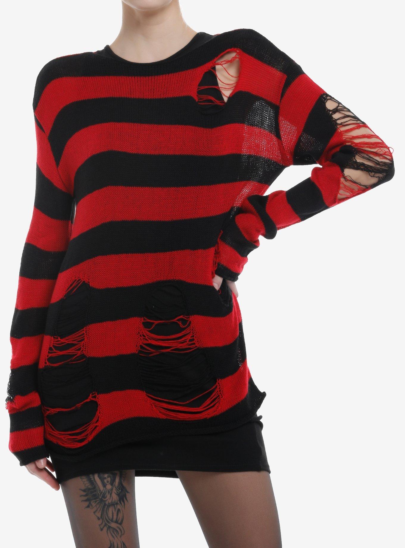 Red & Black Stripe Distressed Girls Oversized Sweater