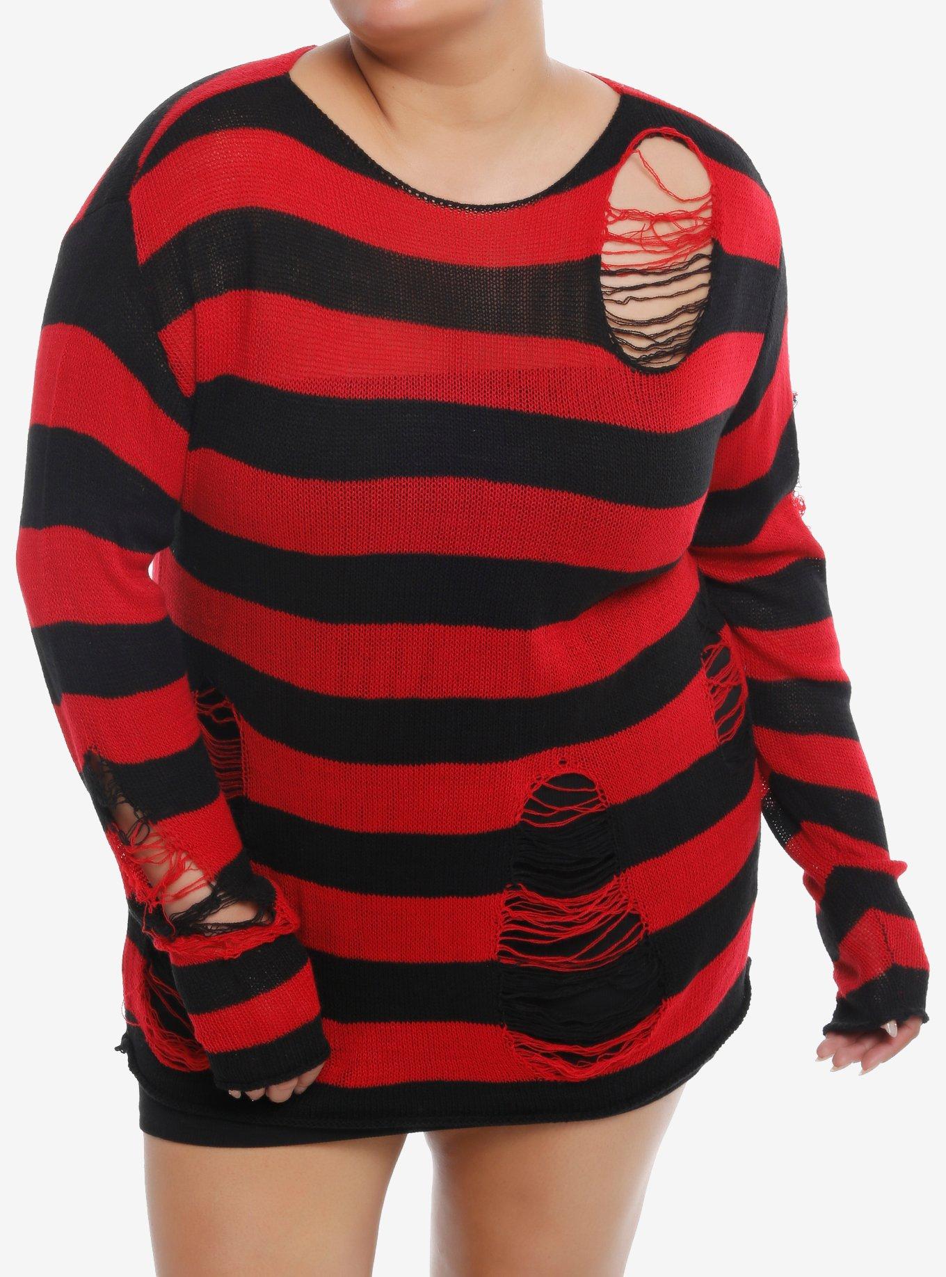 Red & Black Stripe Distressed Girls Oversized Sweater Plus Size, , hi-res