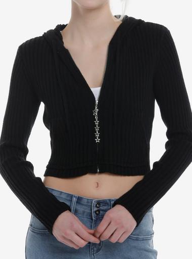 Black Ribbed Star Charm Girls Crop Hoodie | Hot Topic