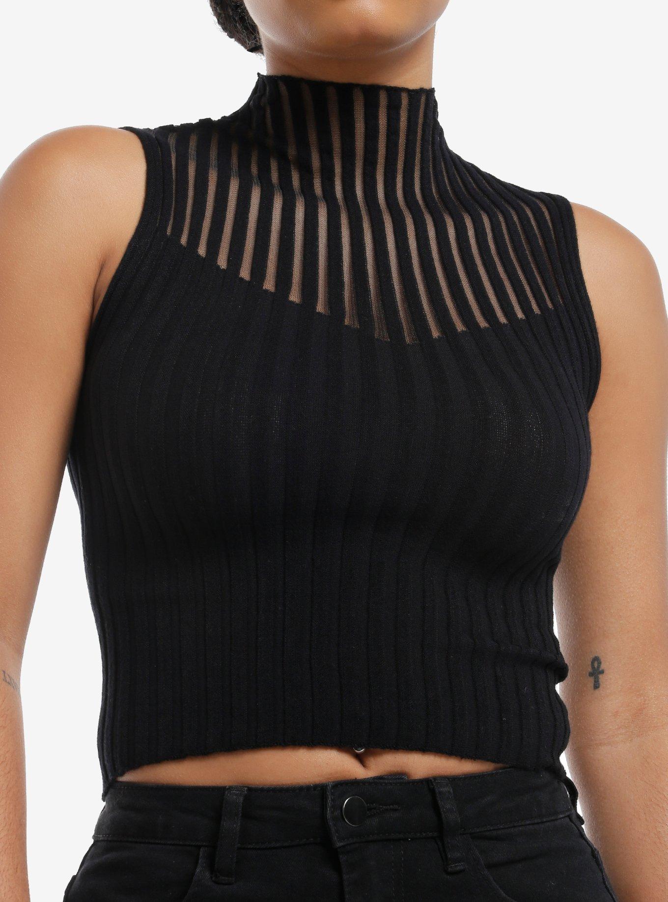 Black Stripe High Neck Girls Sweater Tank Top, BLACK, hi-res