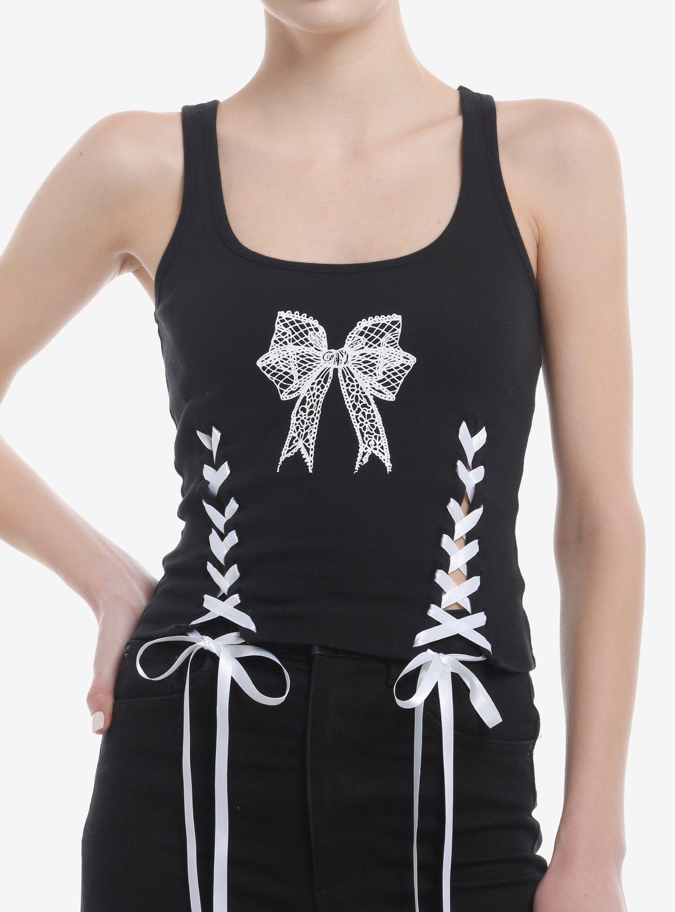 White Ribbon Lace-Up Girls Tank Top, , hi-res