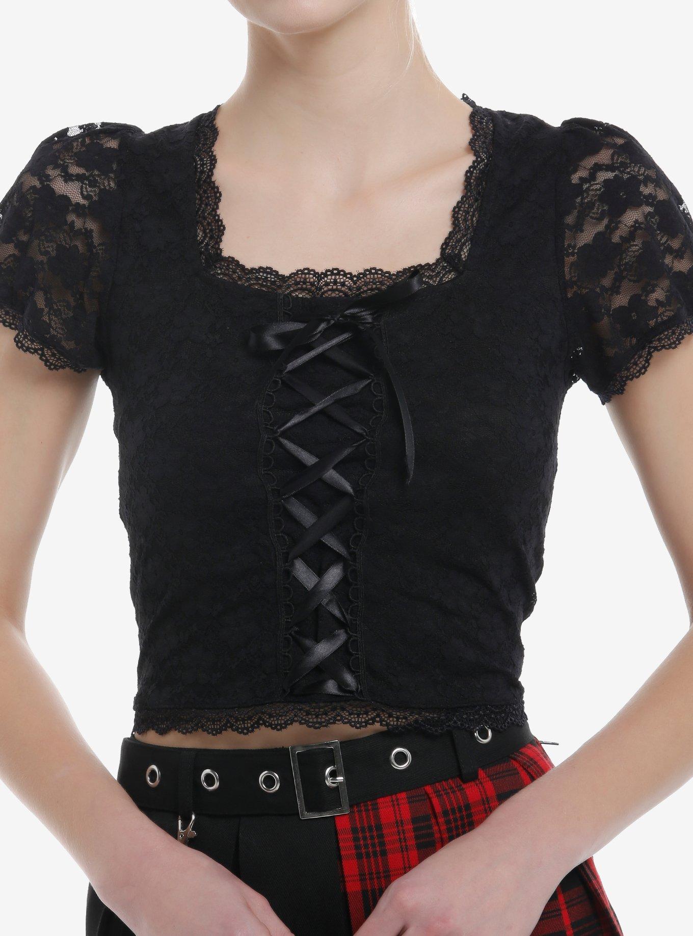 Cosmic Aura Black Ribbon Lace-Up Girls Crop Top, , hi-res