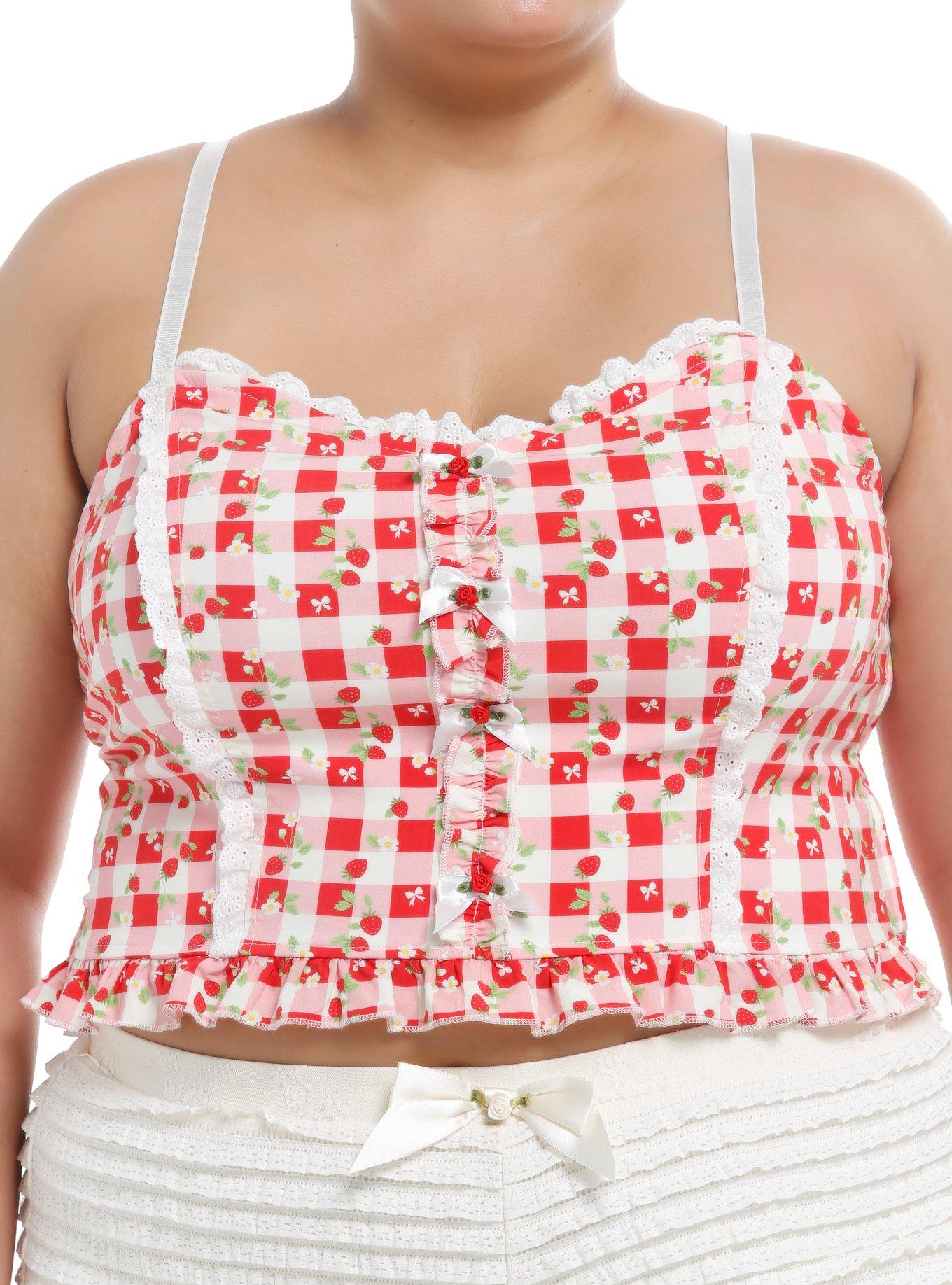 Sweet Society Strawberries Red & Pink Gingham Crop Girls Top Plus Size, , hi-res