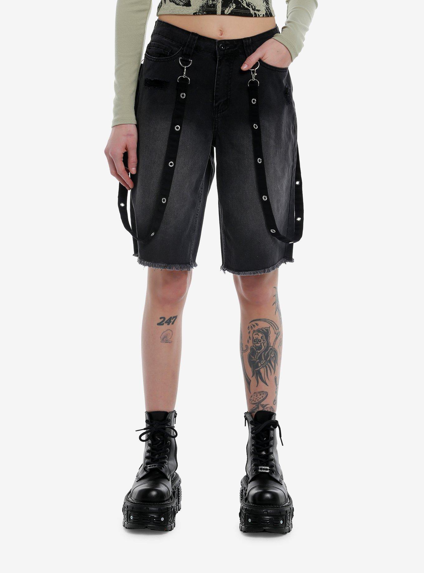 Black Washed Grommet Suspender Denim Long Shorts, , hi-res