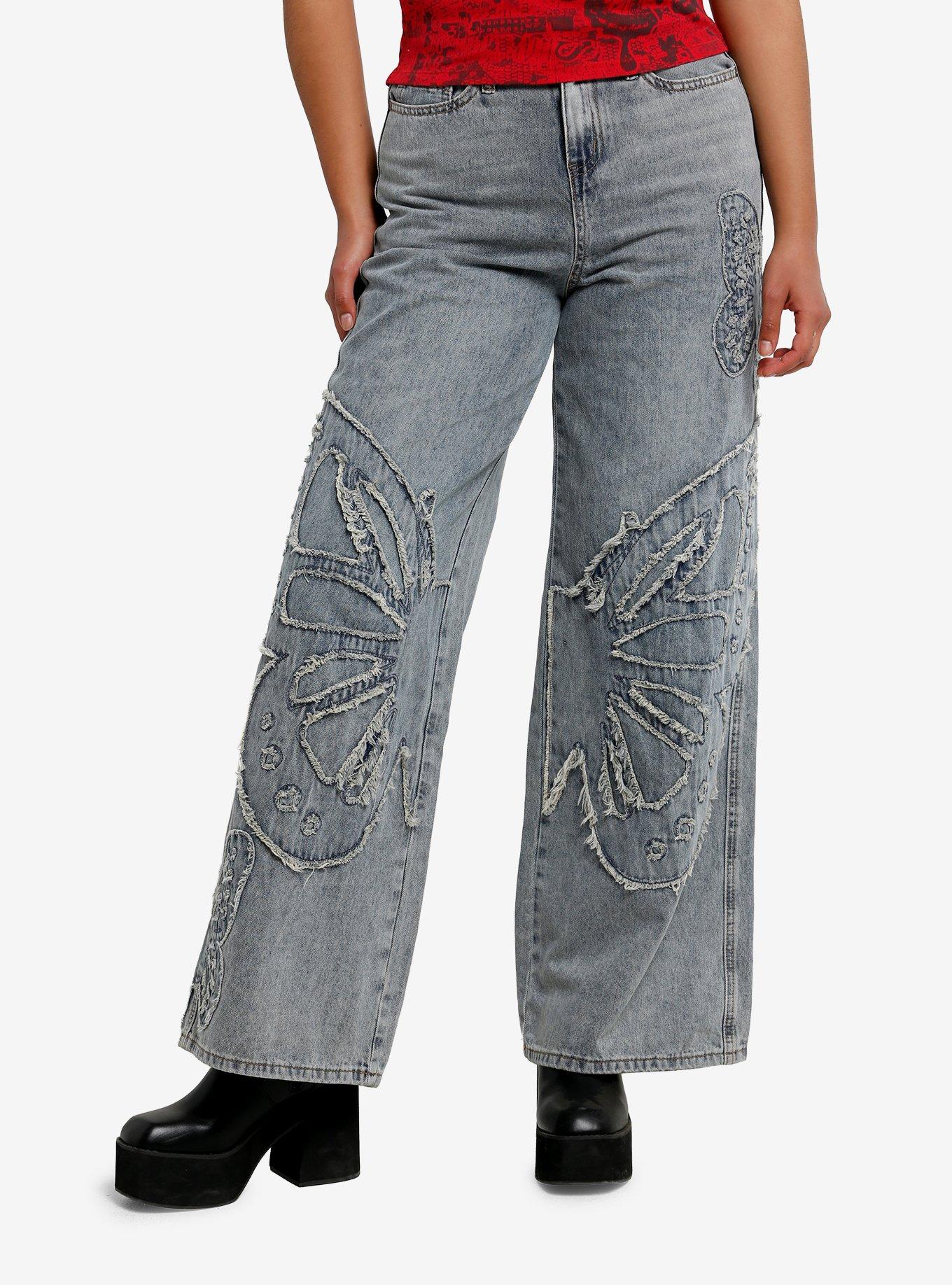 Light Wash Frayed Butterfly Wide Leg Denim Pants, , hi-res