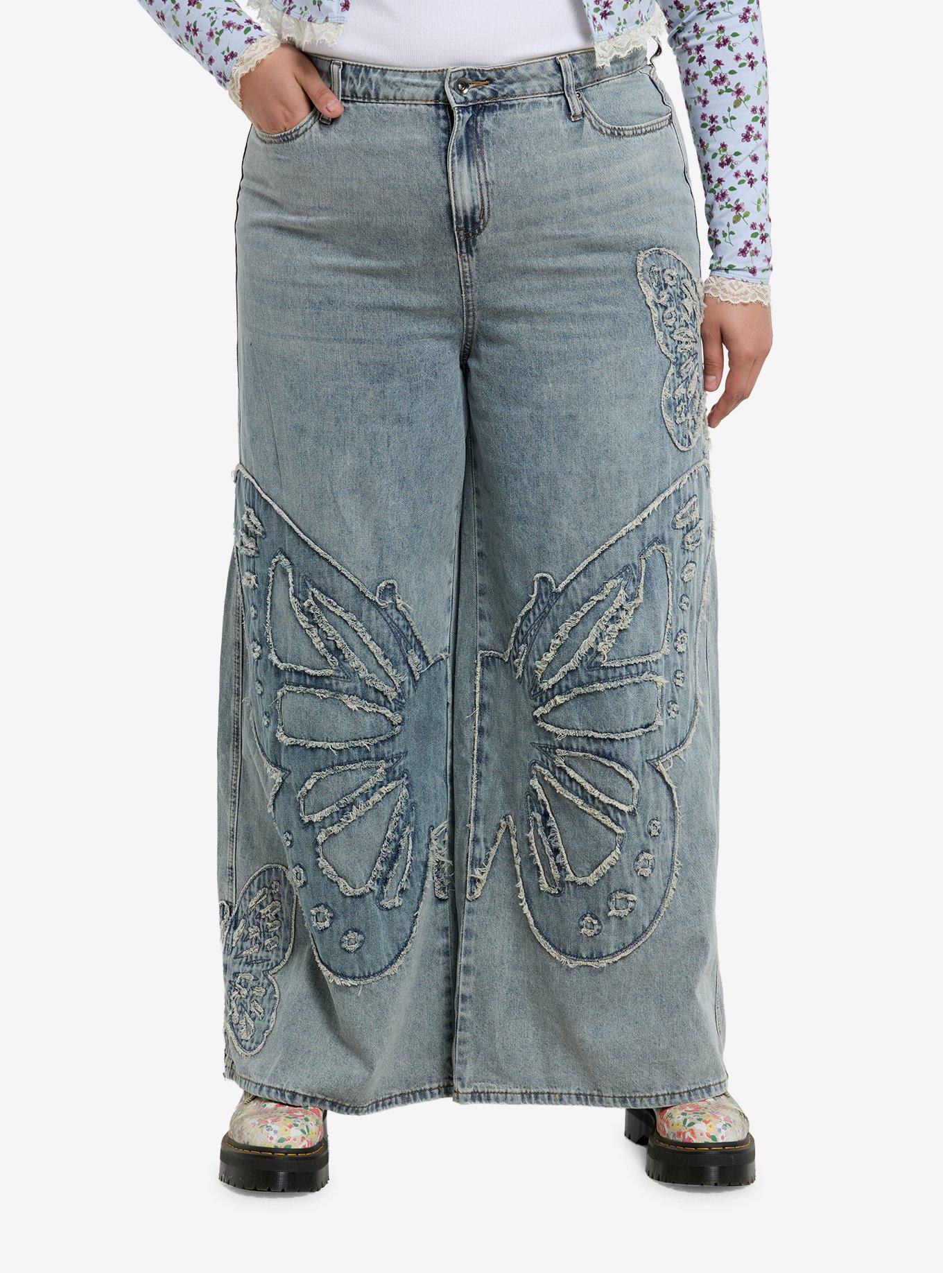 Light Wash Frayed Butterfly Wide Leg Denim Pants Plus Size, , hi-res