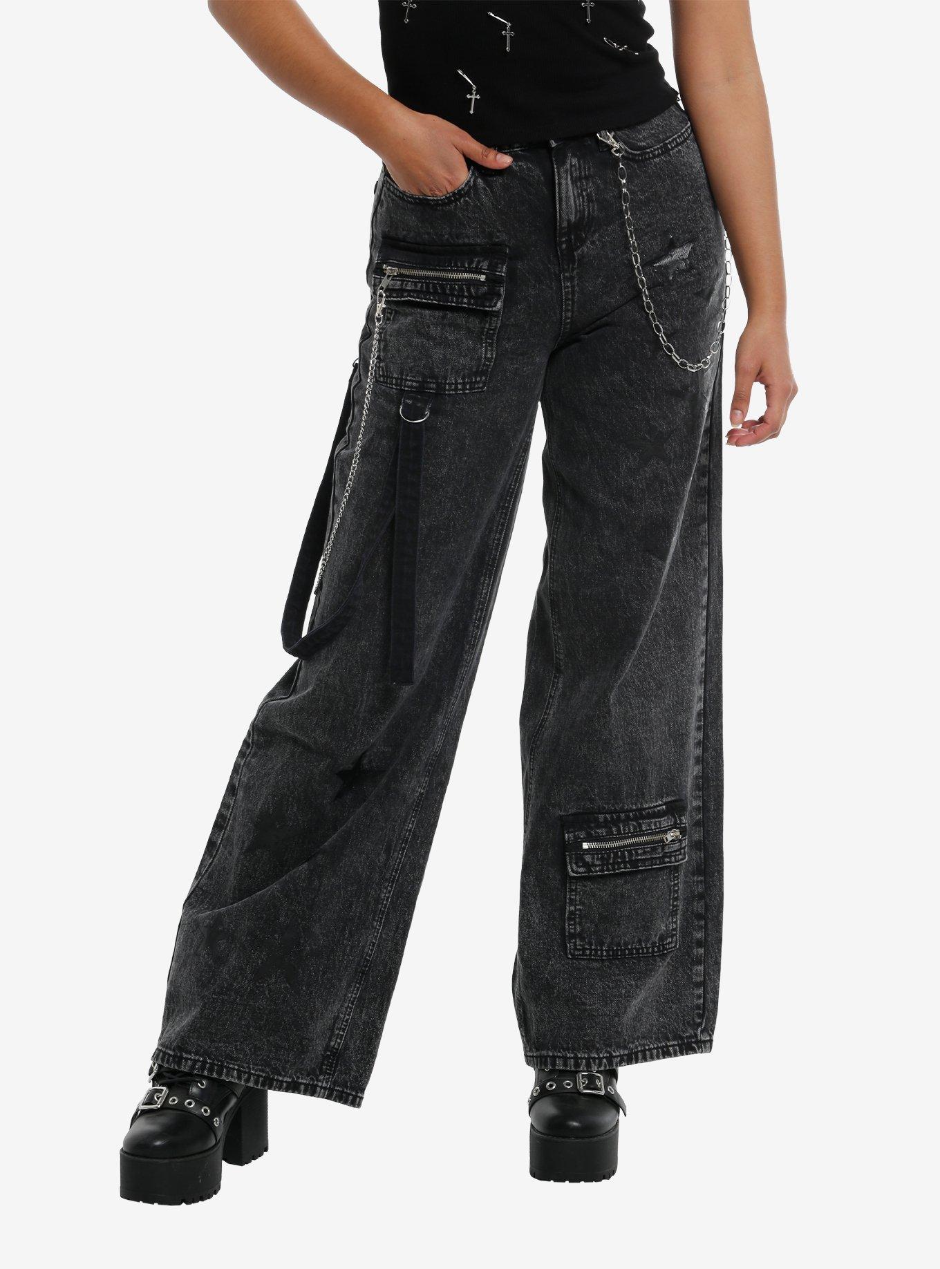 Grey Wash Star Side Chain Wide Leg Denim Pants, , hi-res