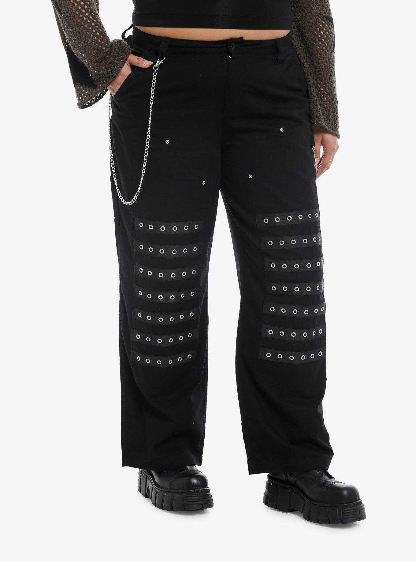 Black Grommet Side Chain Carpenter Pants Plus Size, , hi-res