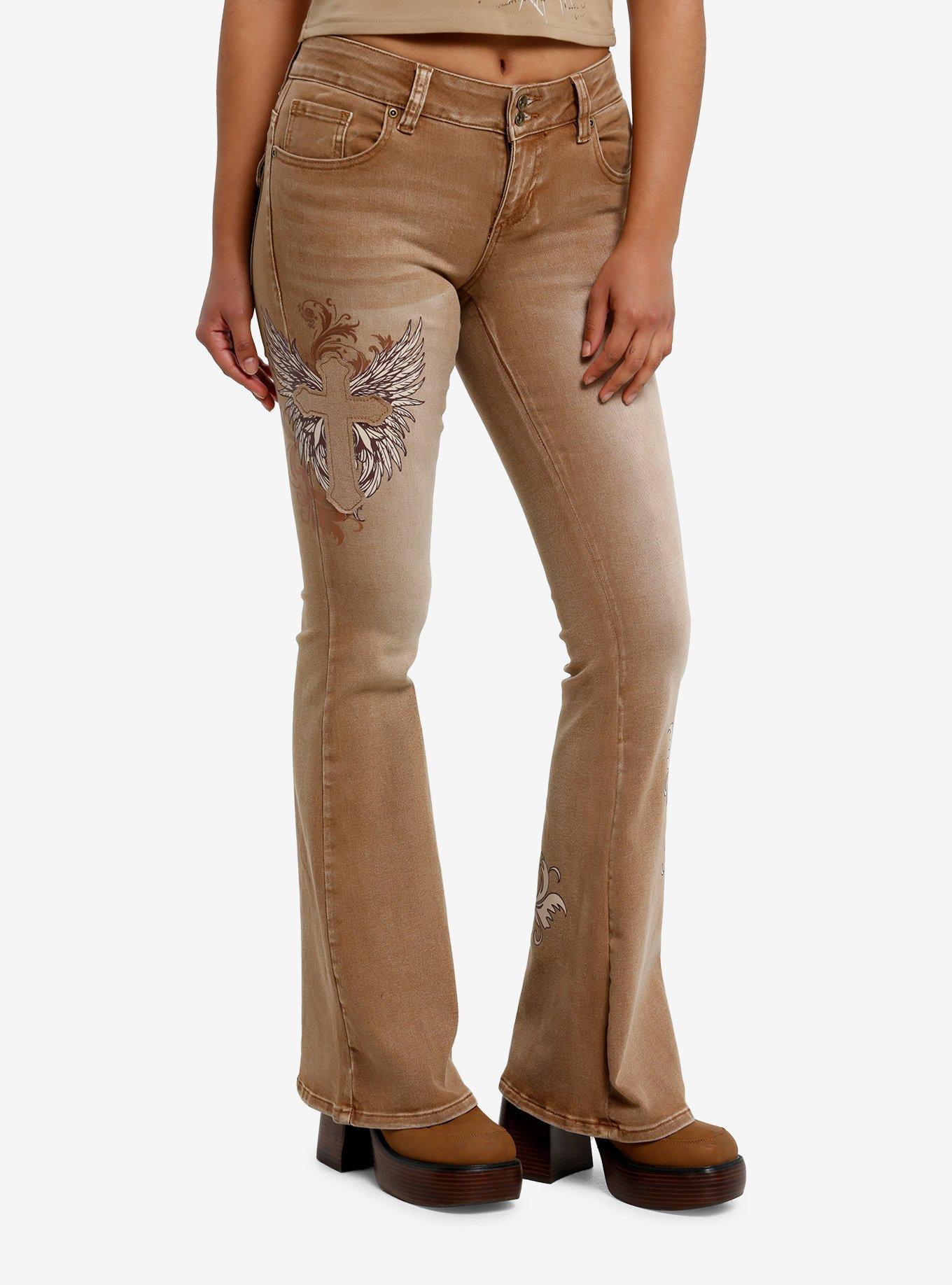 Brown Y2k Cross Skull Flare Denim Pants, , hi-res